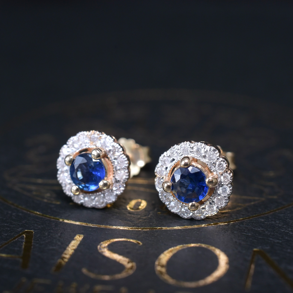 Contemporary 9ct Yellow Gold Sapphire And Diamond Halo Earrings