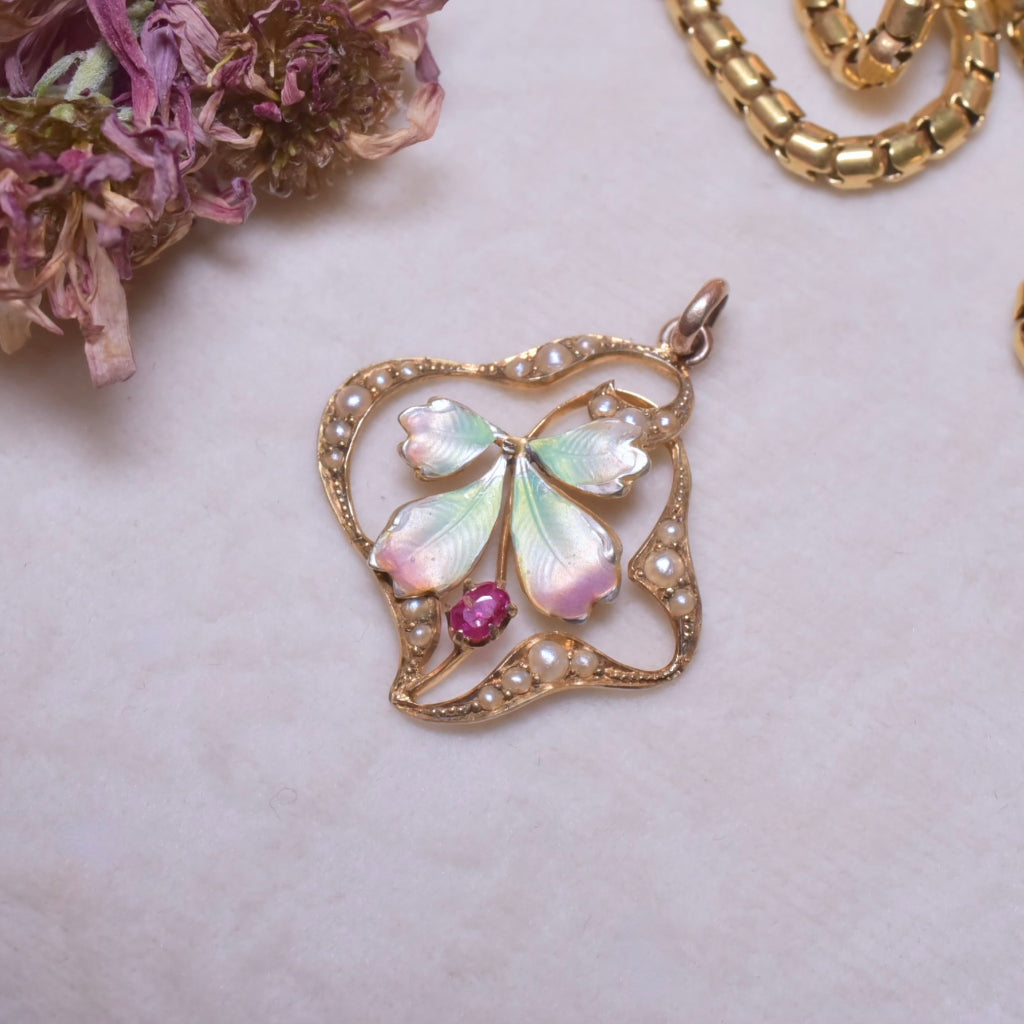 Antique Art Nouveau 9ct Gold Ruby, Seed Pearl And Enamel Pendant Circa 1890-1900