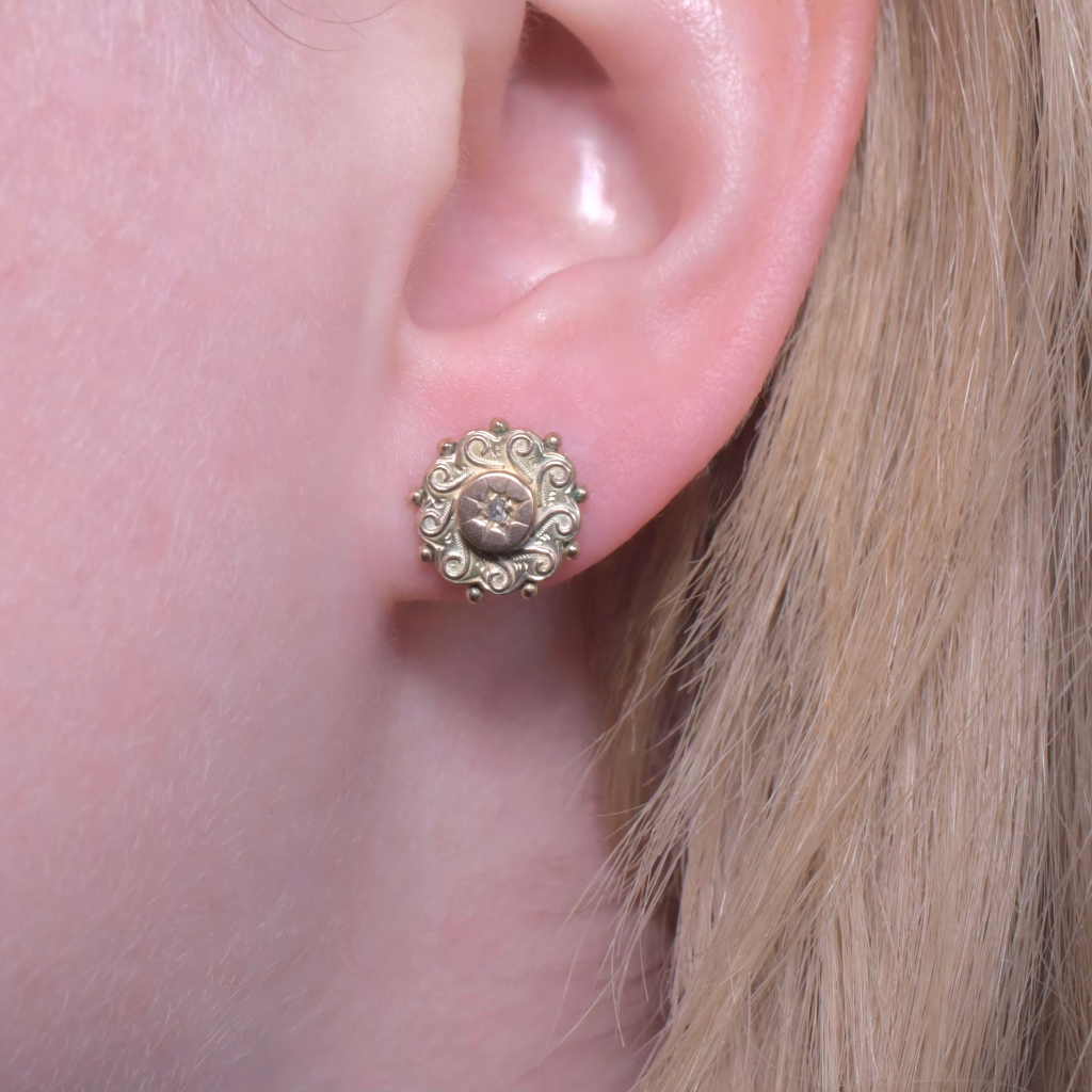 Antique Victorian 9ct Rose Gold Etruscan Revival Diamond Earrings Birmingham Circa 1880-90