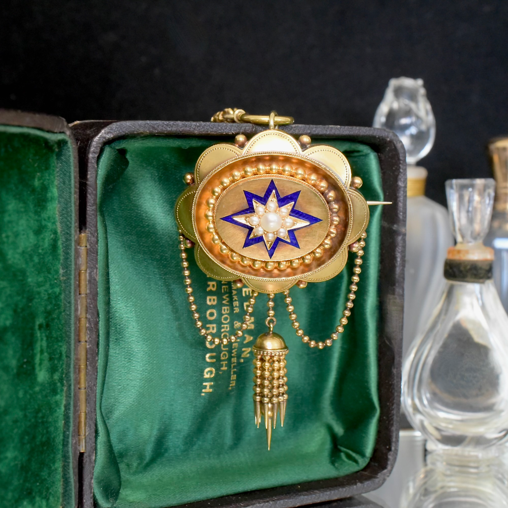 Antique Victorian Etruscan Revival 15ct Yellow Gold Pearl And Enamel Pendant/Brooch/Locket Circa 1880