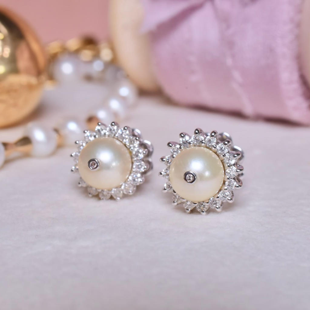Superb Modern 14ct White Gold Pearl And Diamond Halo Earrings