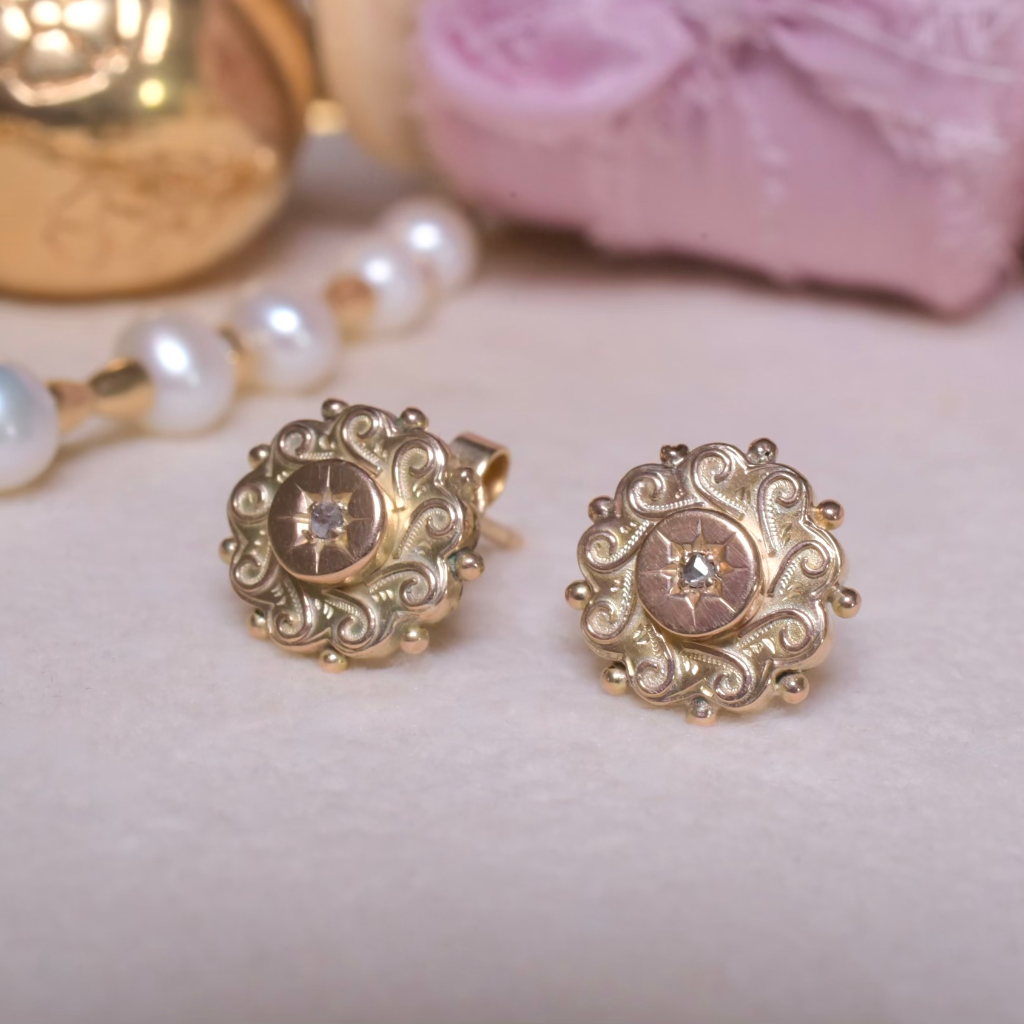 Antique Victorian 9ct Rose Gold Etruscan Revival Diamond Earrings Birmingham Circa 1880-90