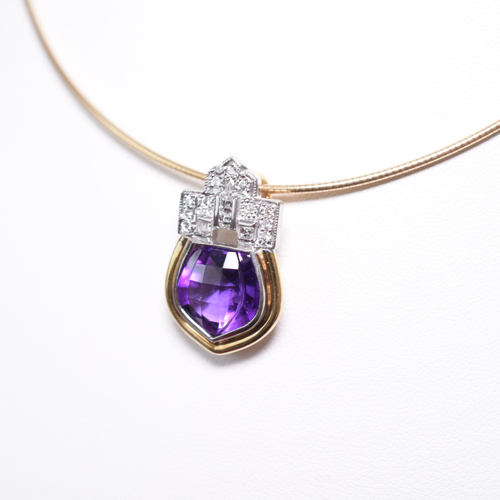 Contemporary 9ct Gold Amethyst And Diamond Pendant