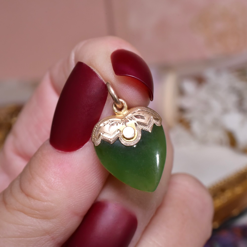 Antique Australian 9ct Rose Gold And Nephrite Jade ‘Heart’ Charm/Pendant Circa 1910