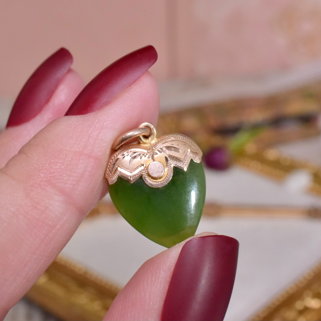 Antique Australian 9ct Rose Gold And Nephrite Jade ‘Heart’ Charm/Pendant Circa 1910