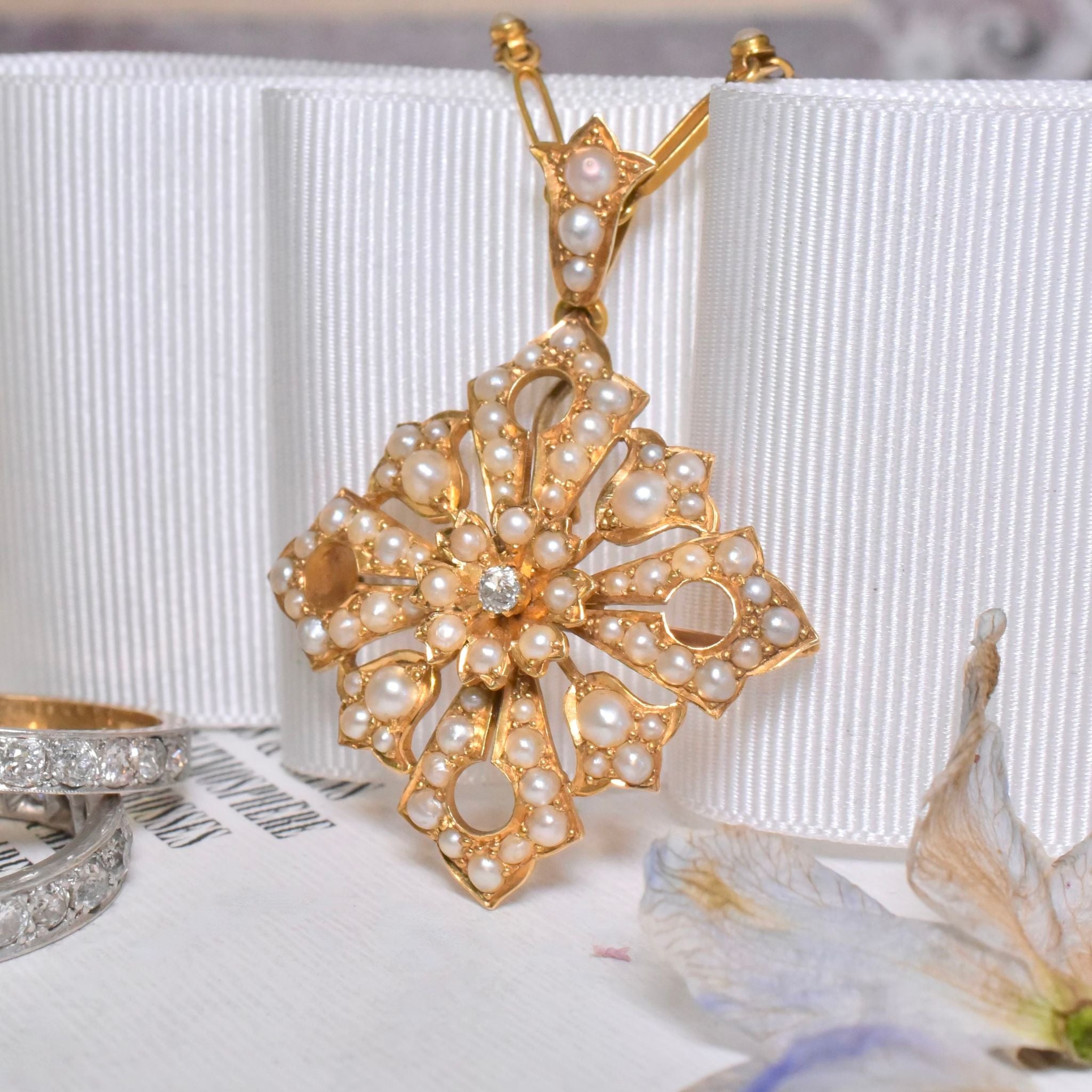 Antique Victorian Australian 18ct Yellow Gold Diamond And Pearl Starburst Pendant/Brooch And Necklace C1890-1900 By S. Schlank, S. Schlank and Co.