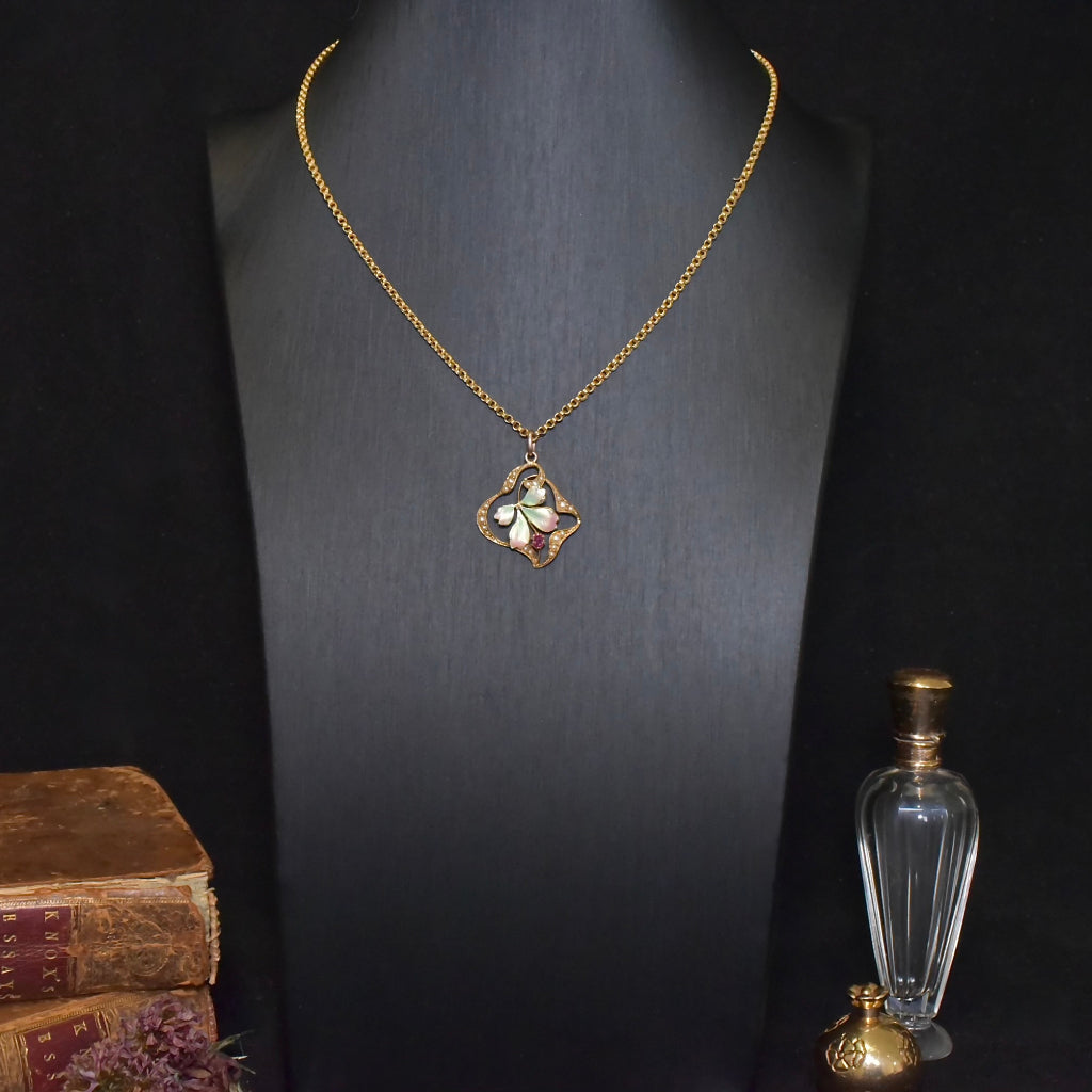 Antique Art Nouveau 9ct Gold Ruby, Seed Pearl And Enamel Pendant Circa 1890-1900