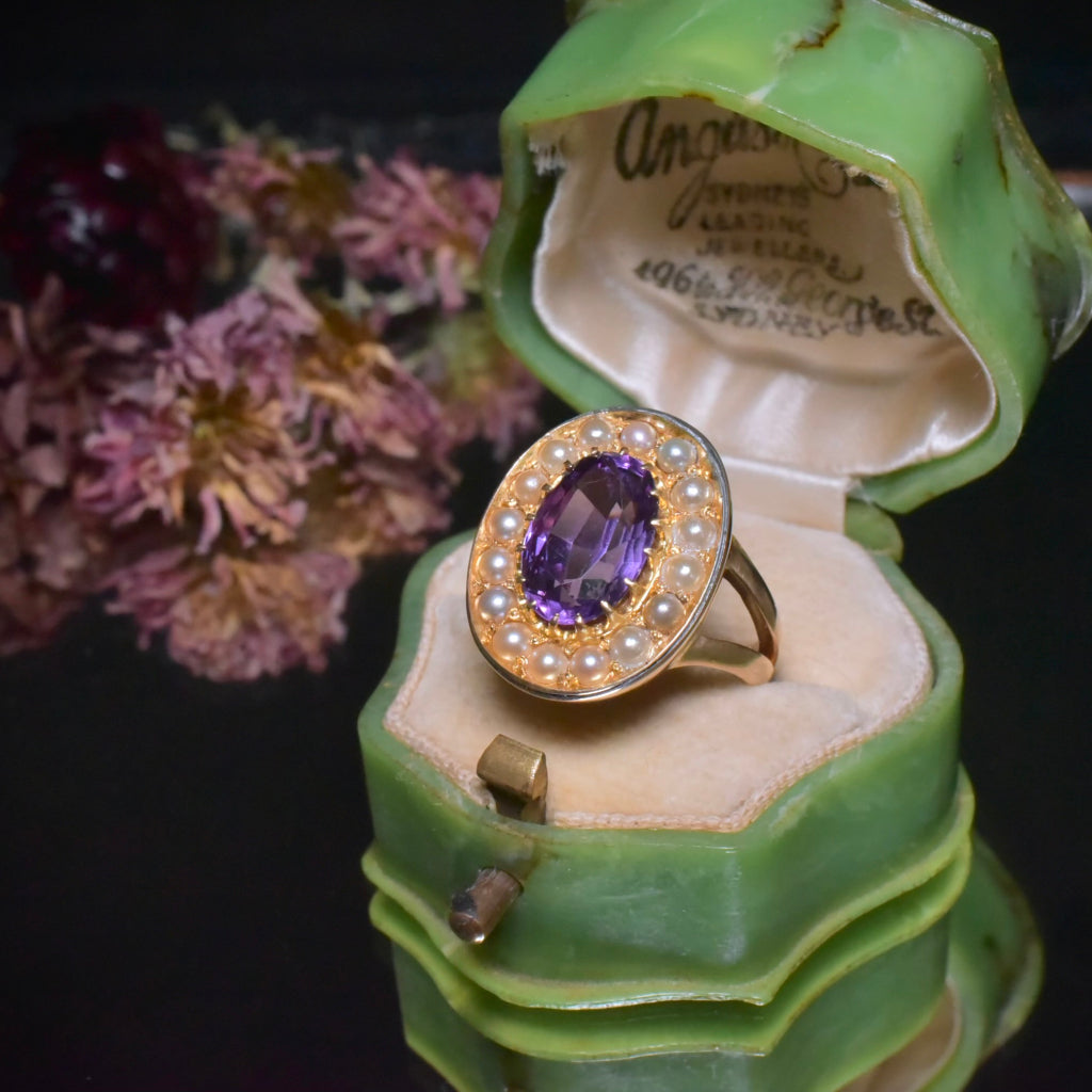 Antique Edwardian 15ct Rose Gold Amethyst And Pearl Ring Circa 1890 - 1910