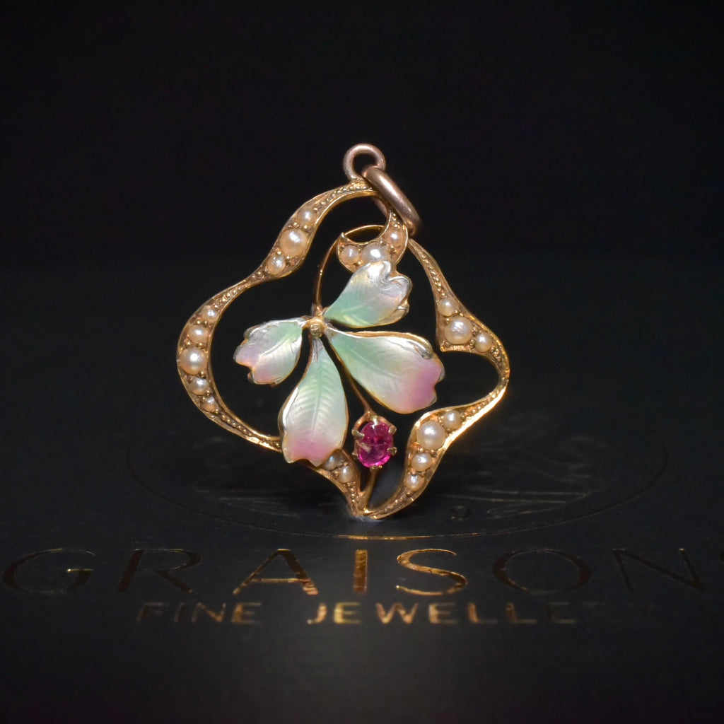 Antique Art Nouveau 9ct Gold Ruby, Seed Pearl And Enamel Pendant Circa 1890-1900