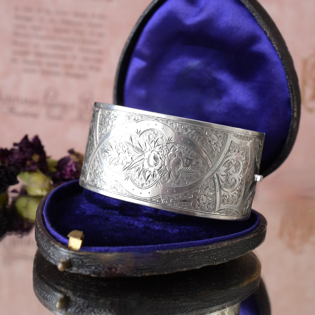 Victorian Silver Wide Floral Cuff Bangle Circa 1890