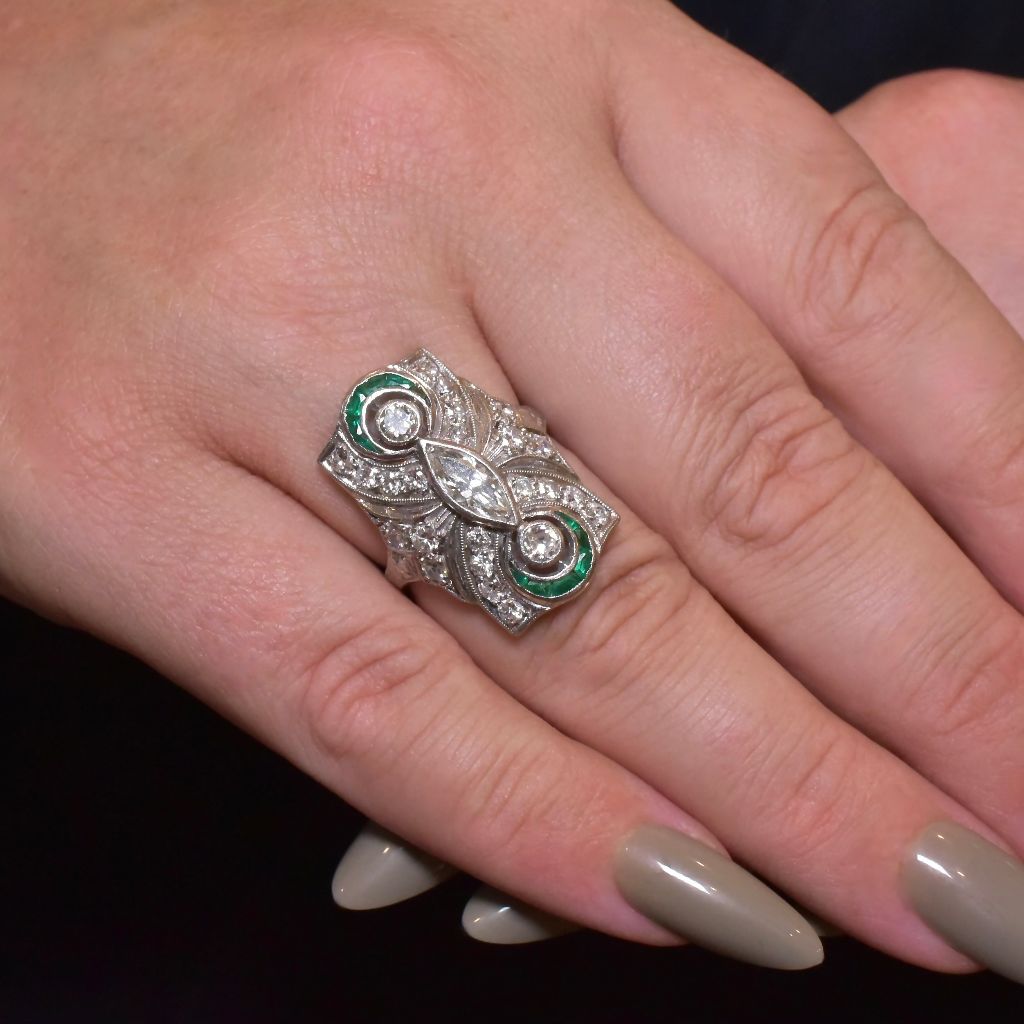 Antique Art Deco Solid Platinum Diamond And Emerald Dinner Ring - 1.45ct Circa 1920-1925