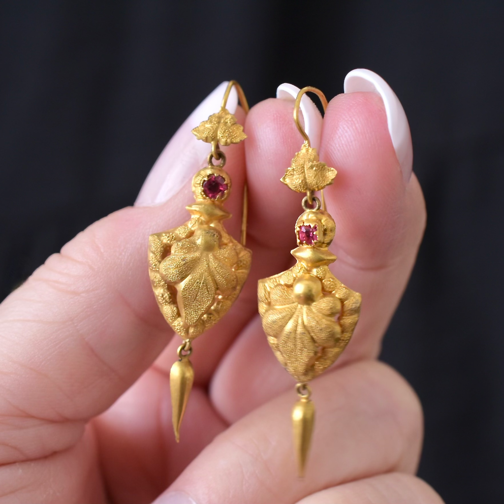 Antique Victorian 20ct Gold Repoussé Drop Earrings Circa 1870