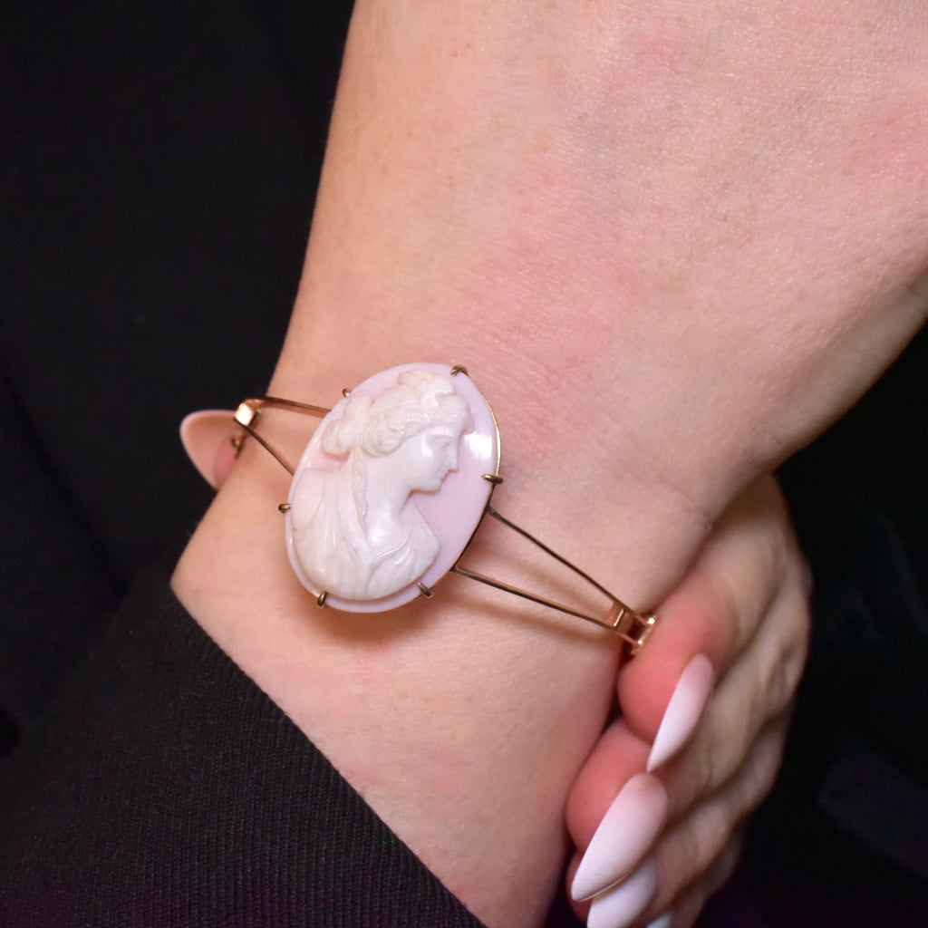 Antique Australian 9ct Rose Gold Conch Shell Cameo Bangle By A. Benjamin And Sons Pty Ltd Circa 1910-15