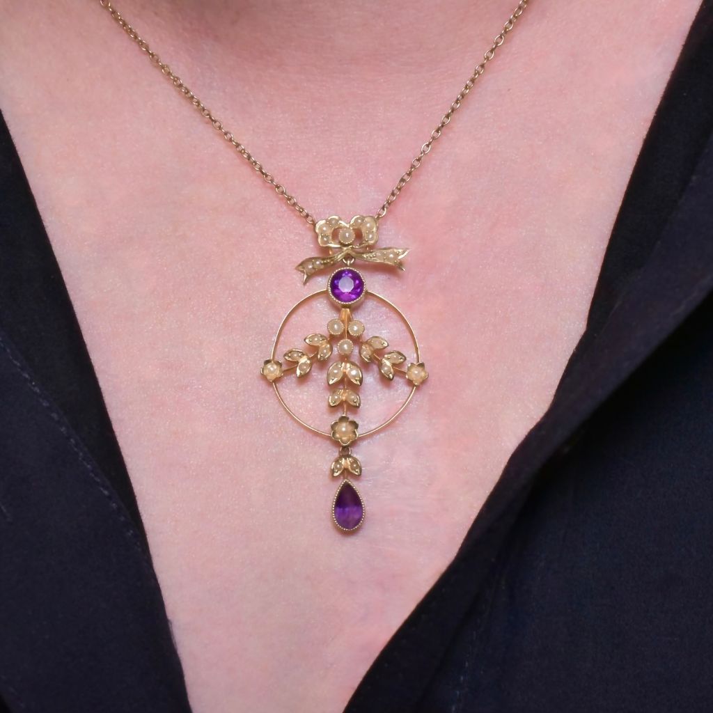 Stunning Antique Edwardian 15ct Gold Amethyst And Pearl Lavaliere Circa 1910