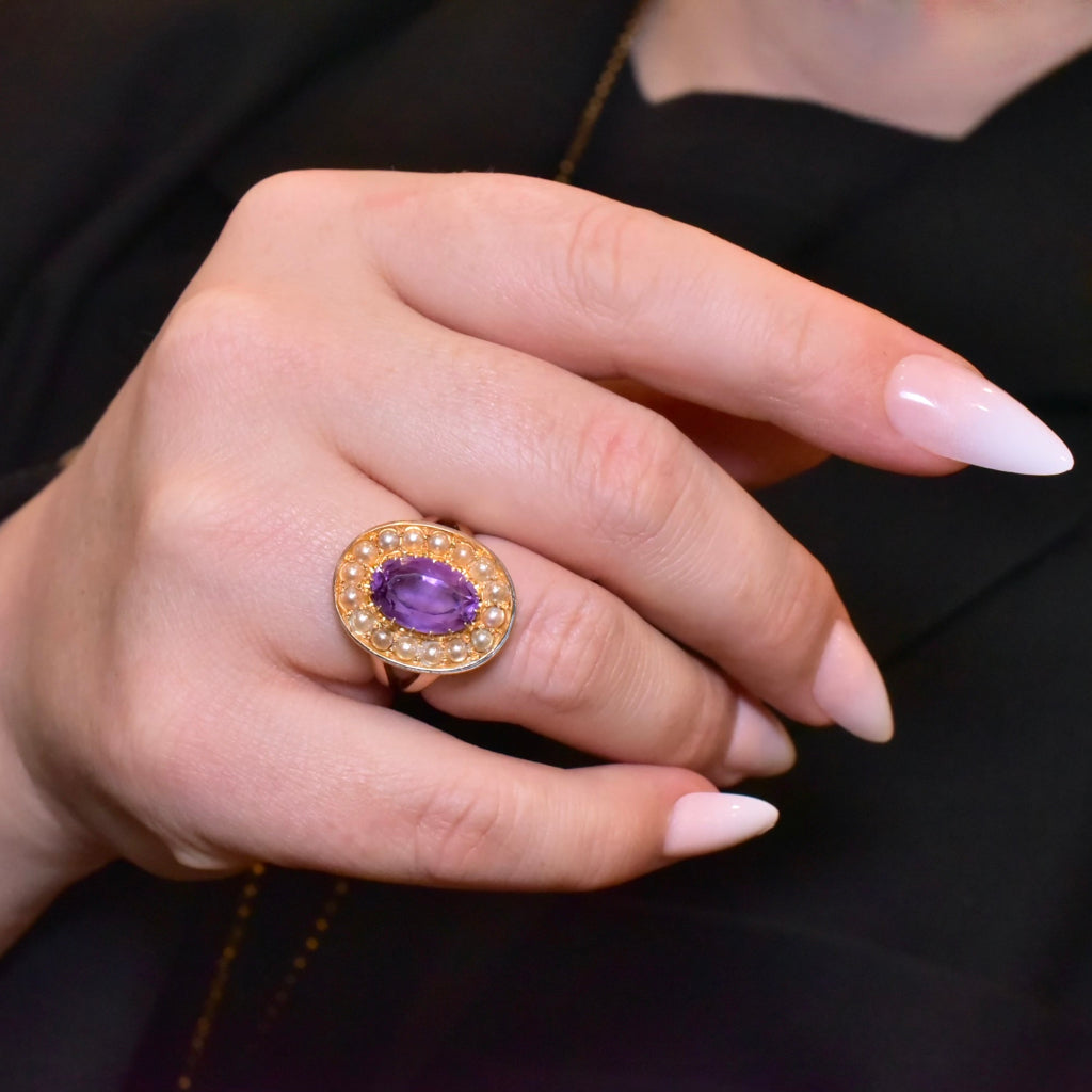 Antique Edwardian 15ct Rose Gold Amethyst And Pearl Ring Circa 1890 - 1910