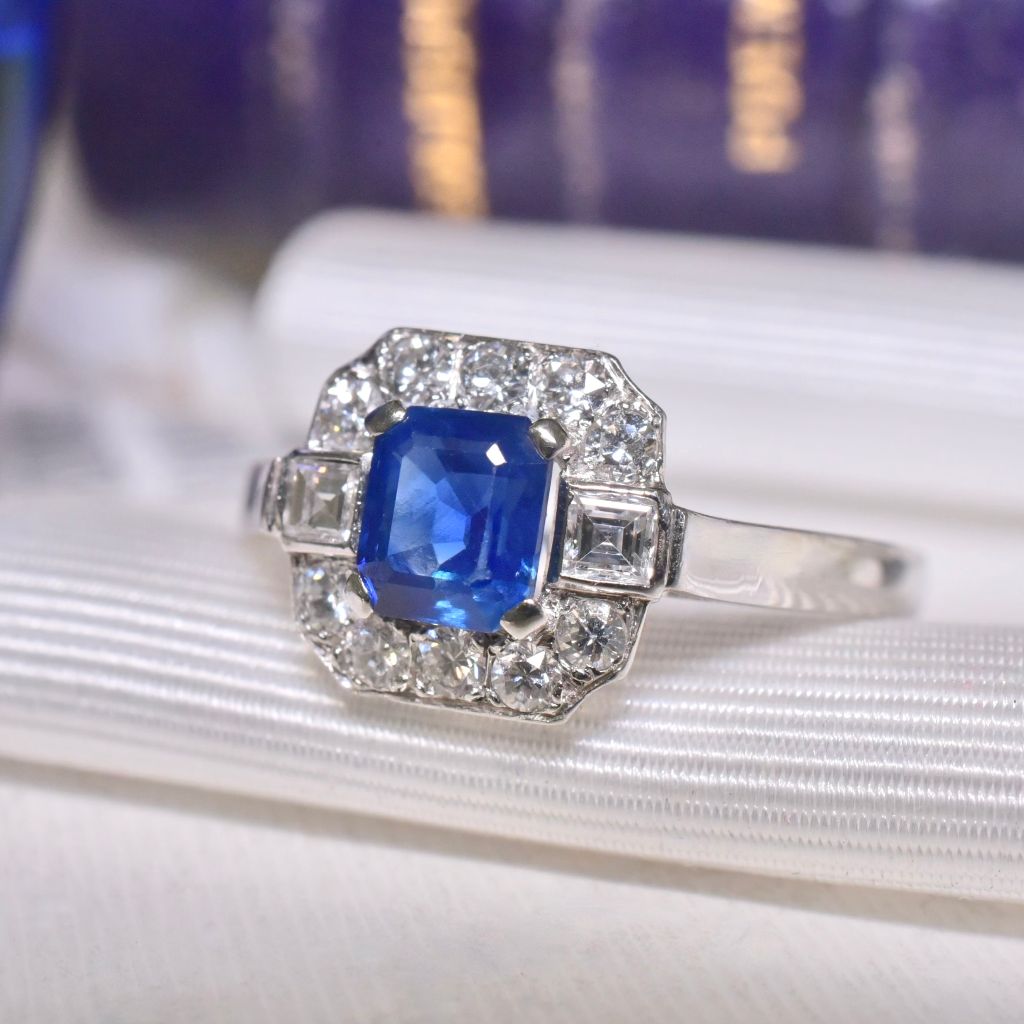 Modern Solid Platinum Natural Sapphire And Diamond Art Deco-Style Ring - Birmingham 1999