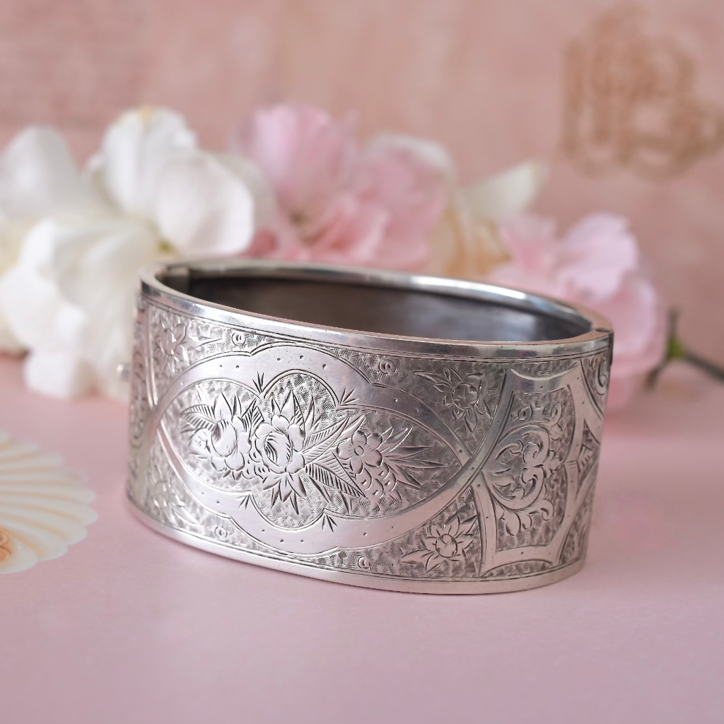 Victorian Silver Wide Floral Cuff Bangle Circa 1890