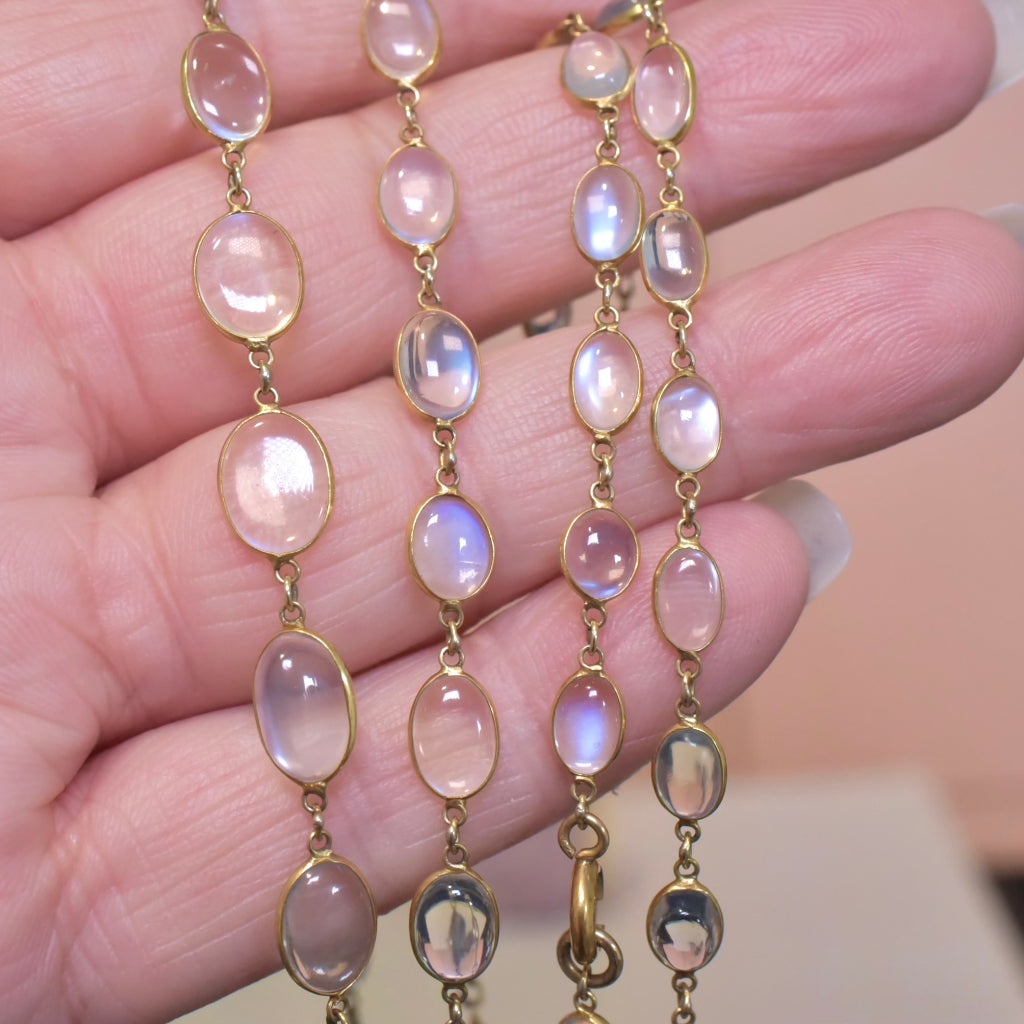 Antique Edwardian 9ct Yellow Gold And Moonstone Long Necklace 83cm Independent Valuation Included In Purchase For $4500 AUD