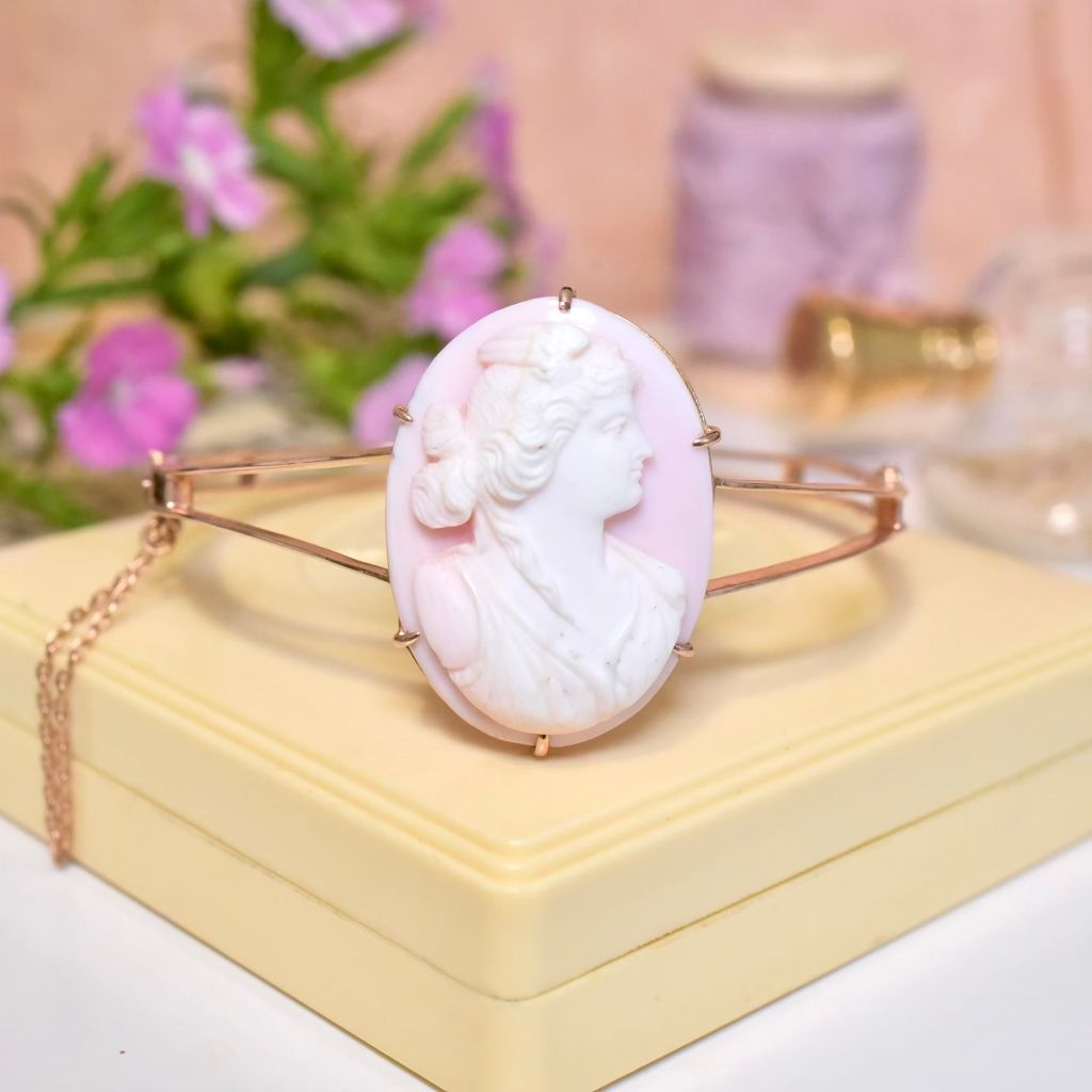 Antique Australian 9ct Rose Gold Conch Shell Cameo Bangle By A. Benjamin And Sons Pty Ltd Circa 1910-15