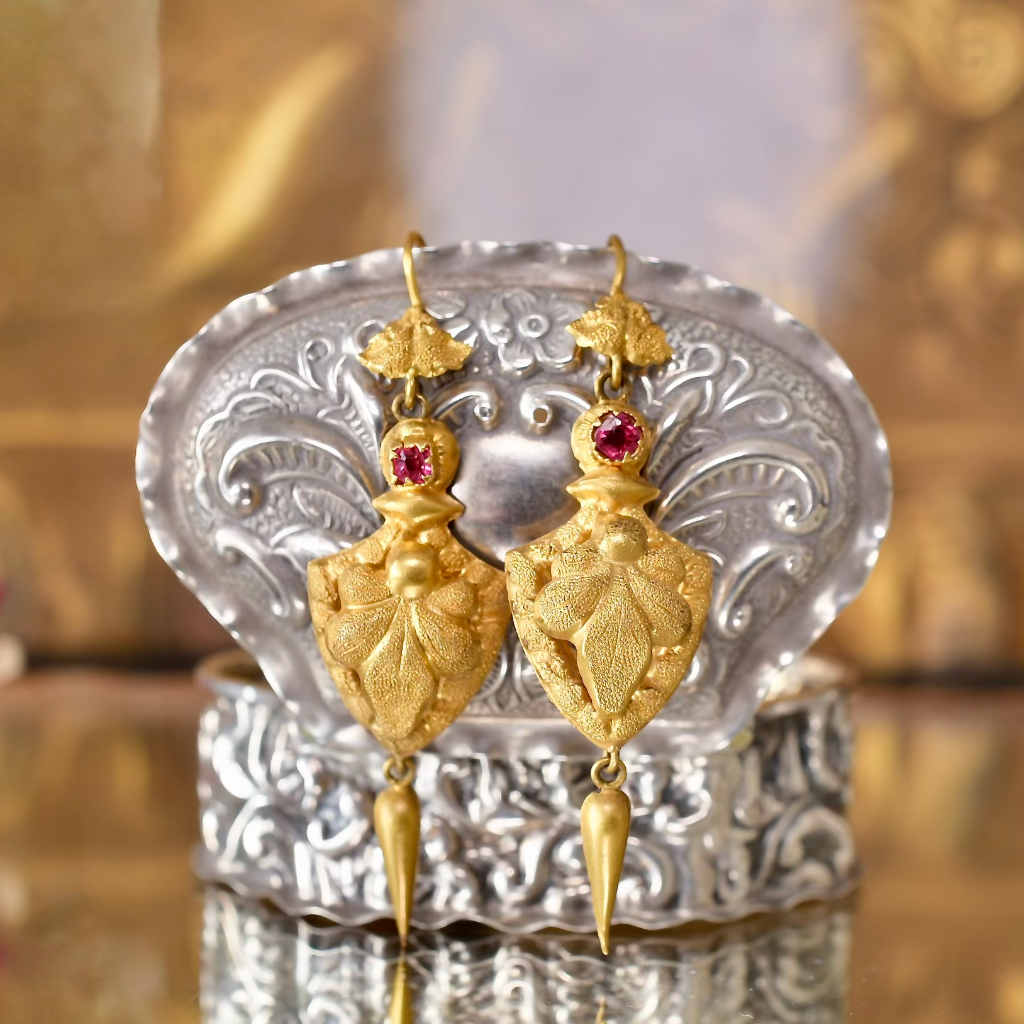 Antique Victorian 20ct Gold Repoussé Drop Earrings Circa 1870