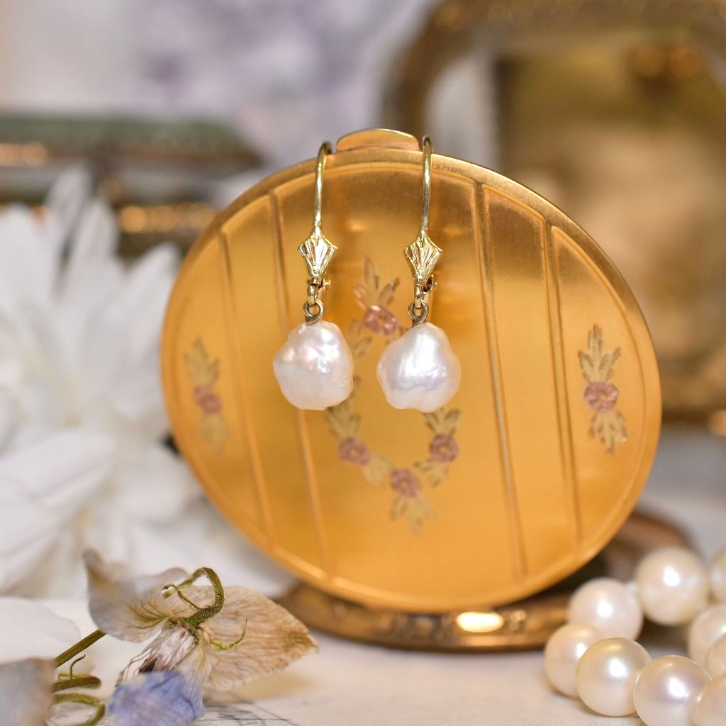 Vintage 14ct Yellow Gold And Keshi Pearl Drop Earrings