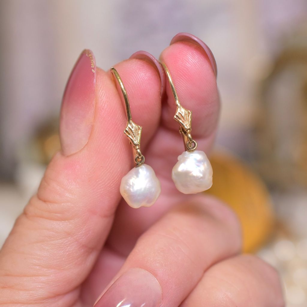 Vintage 14ct Yellow Gold And Keshi Pearl Drop Earrings