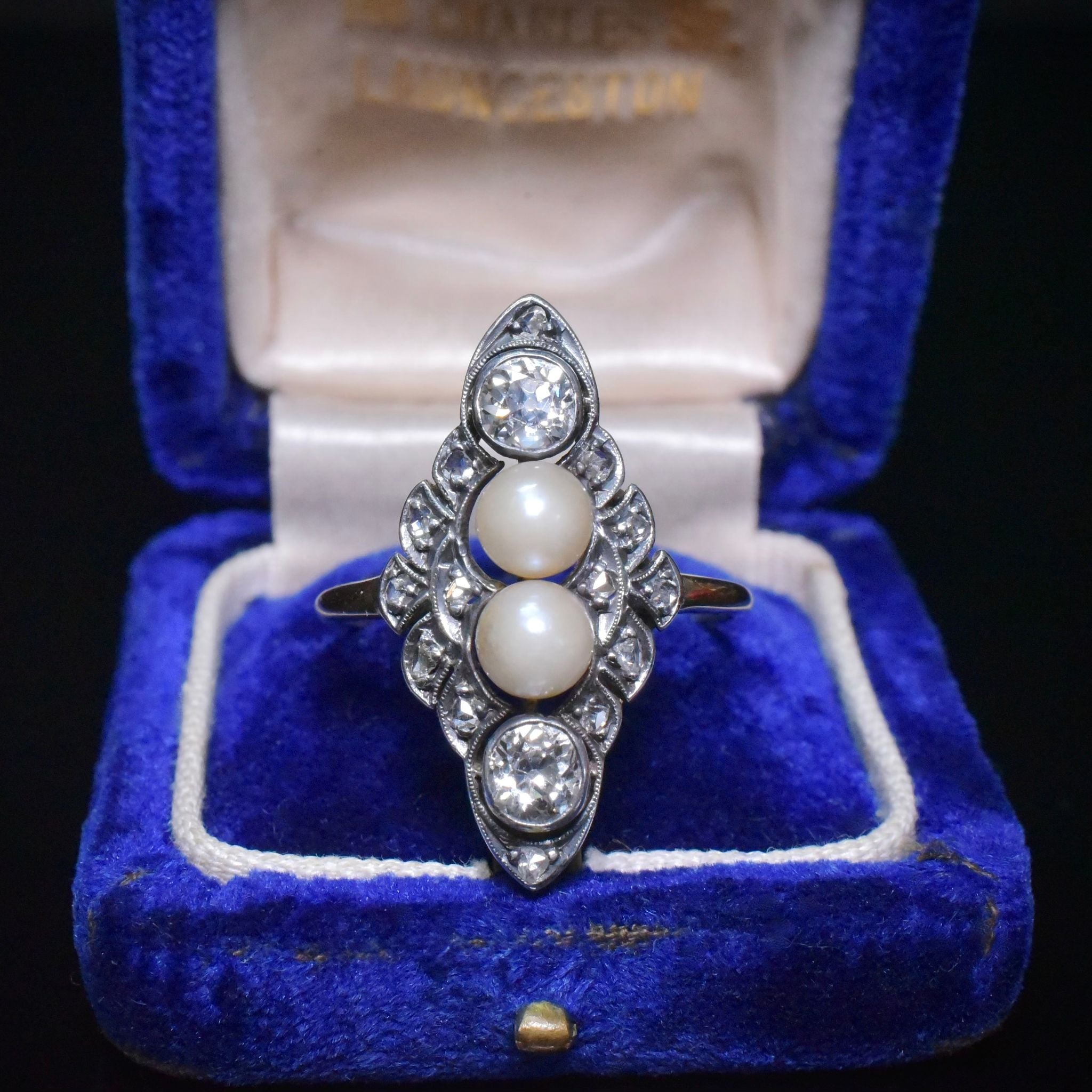 Stunning Antique 14ct Yellow Gold And Silver Diamond And Pearl Navette Ring Circa 1902