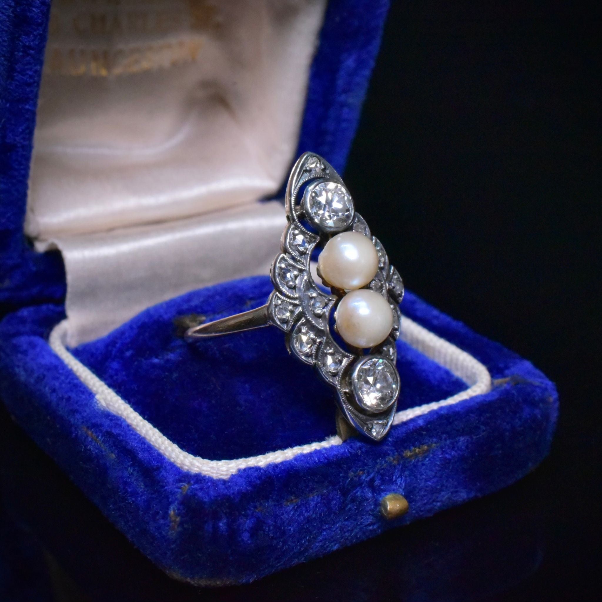 Stunning Antique 14ct Yellow Gold And Silver Diamond And Pearl Navette Ring Circa 1902