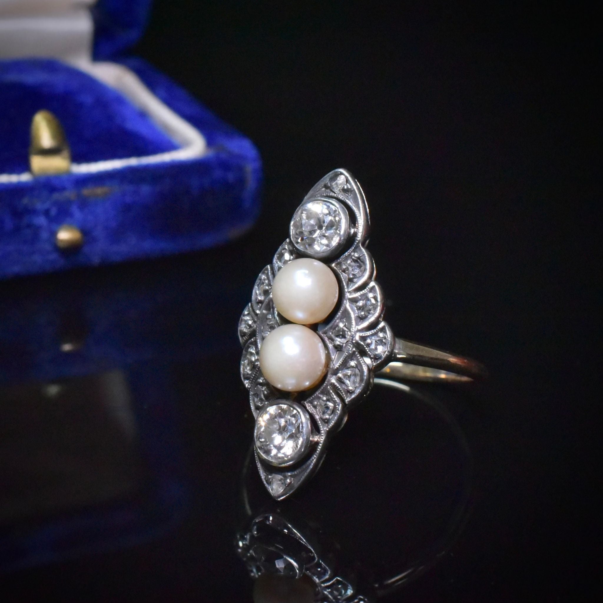 Stunning Antique 14ct Yellow Gold And Silver Diamond And Pearl Navette Ring Circa 1902