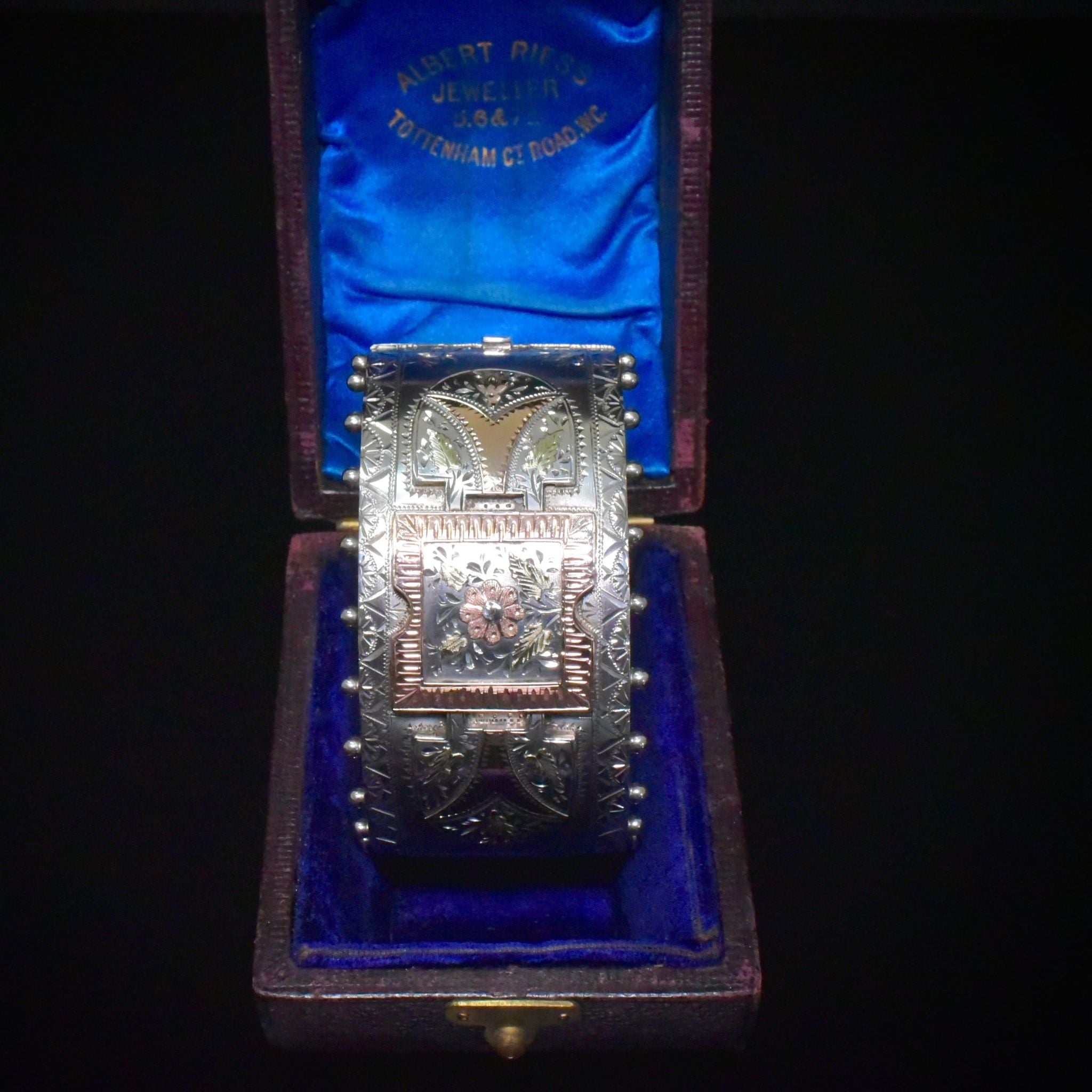 Splendid Antique Victorian Tri-Colour Sterling Silver / 9ct Gold Cuff Bangle - Birmingham 1884