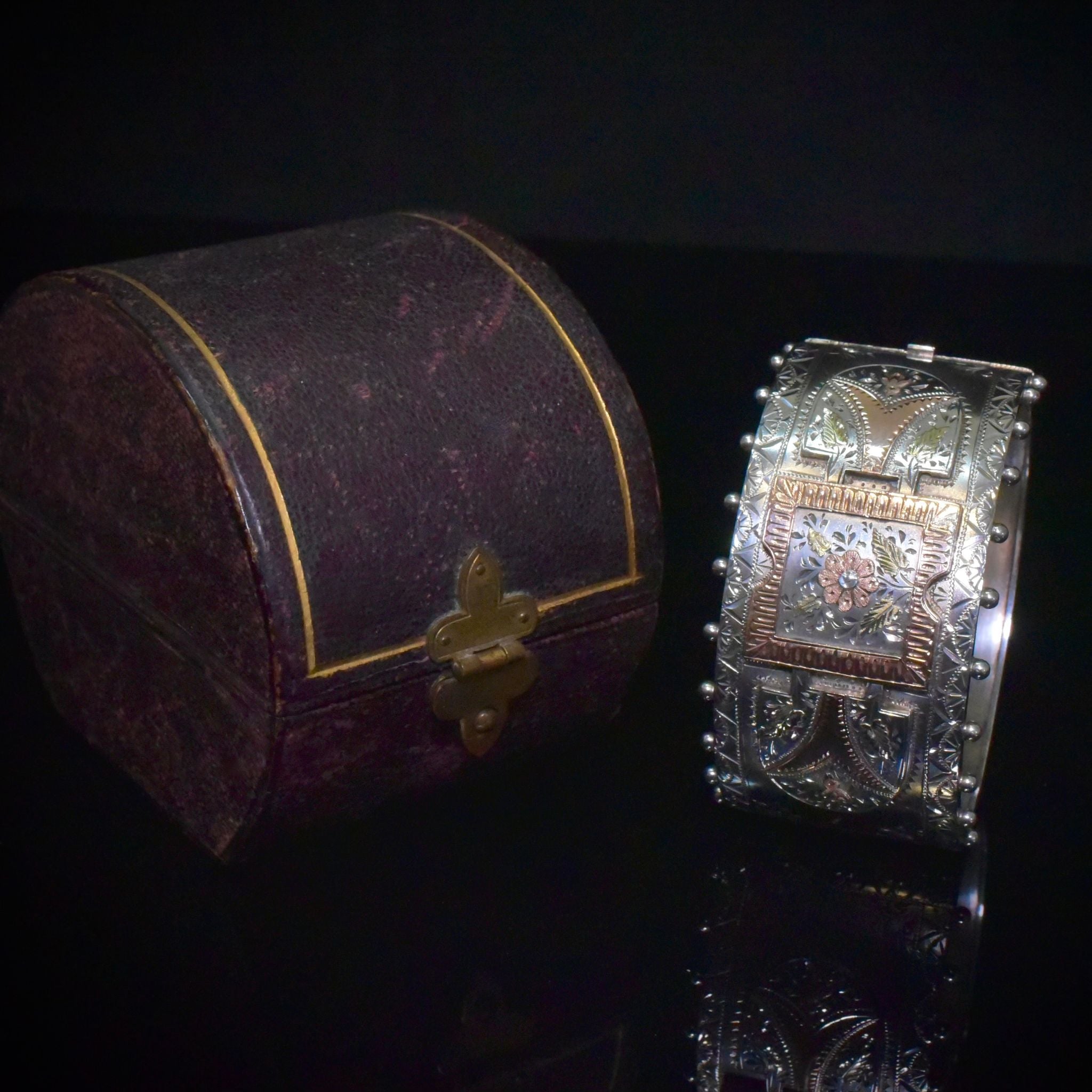 Splendid Antique Victorian Tri-Colour Sterling Silver / 9ct Gold Cuff Bangle - Birmingham 1884