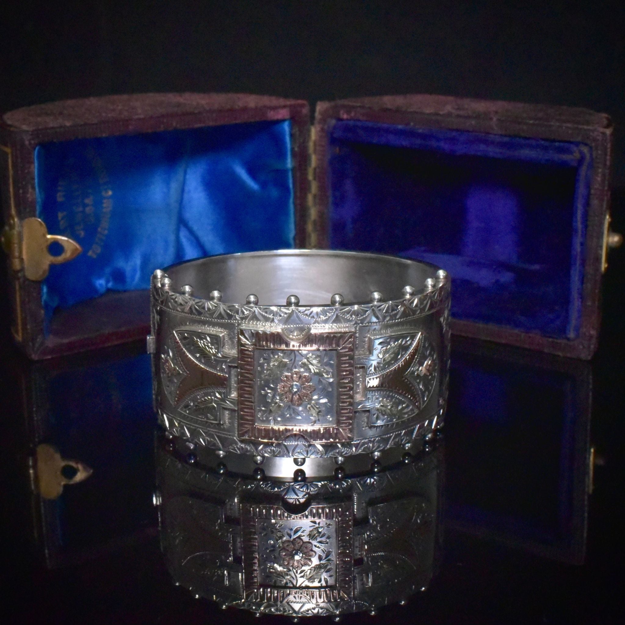 Splendid Antique Victorian Tri-Colour Sterling Silver / 9ct Gold Cuff Bangle - Birmingham 1884