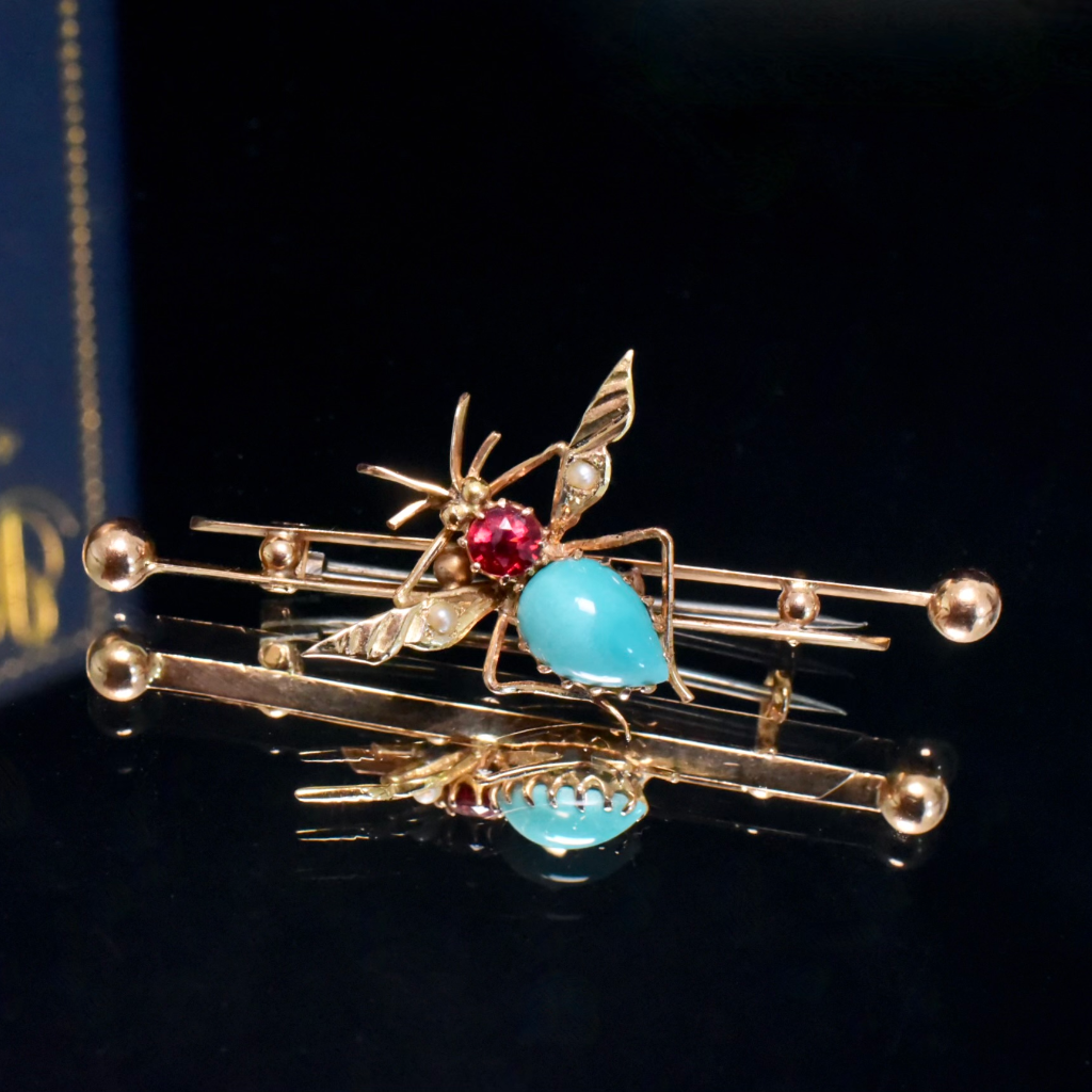 Antique Australian 15ct Rose Gold Turquoise, Garnet, Seed Pearl ‘Fly’ Brooch Circa 1900