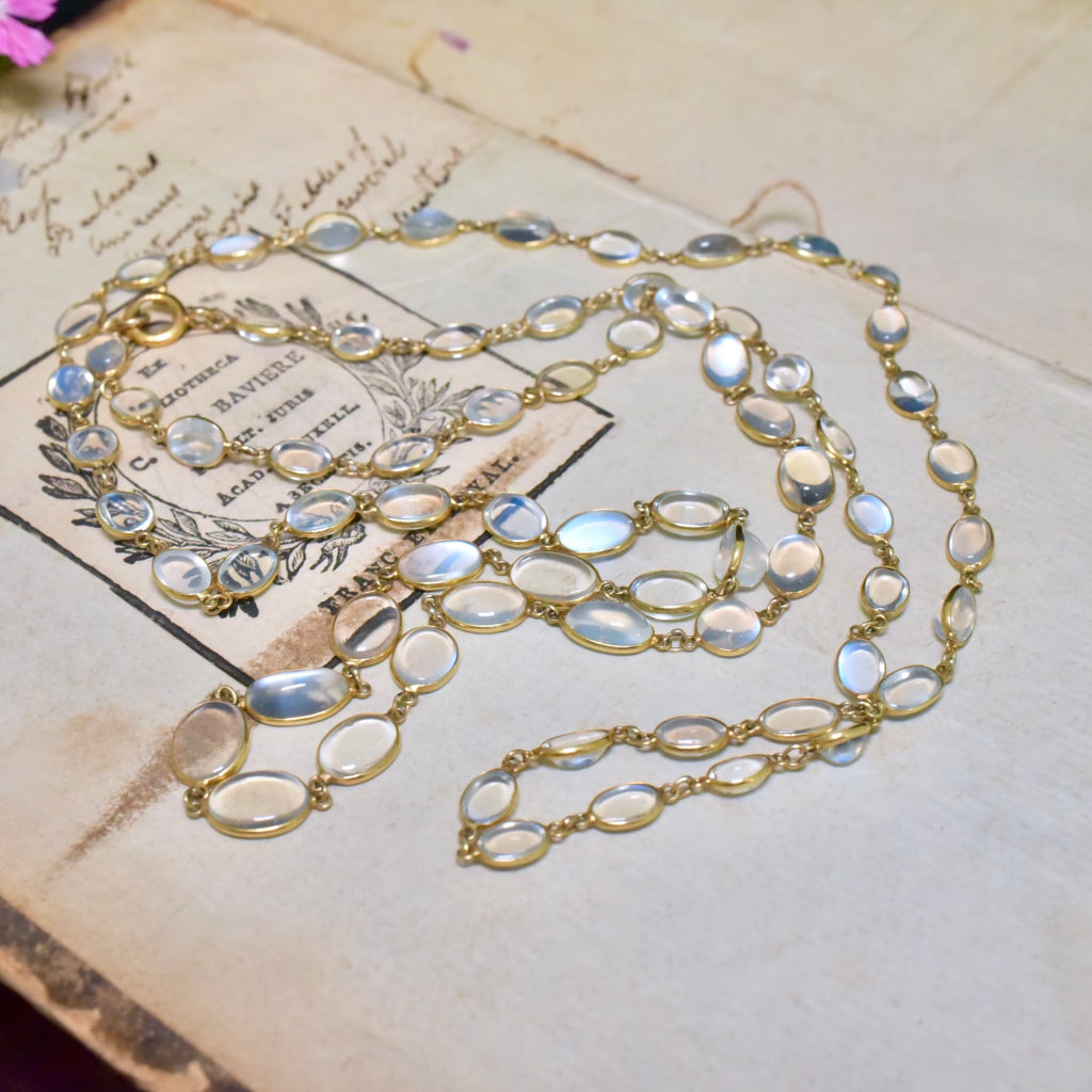 Antique Edwardian 9ct Yellow Gold And Moonstone Long Necklace 83cm Independent Valuation Included In Purchase For $4500 AUD