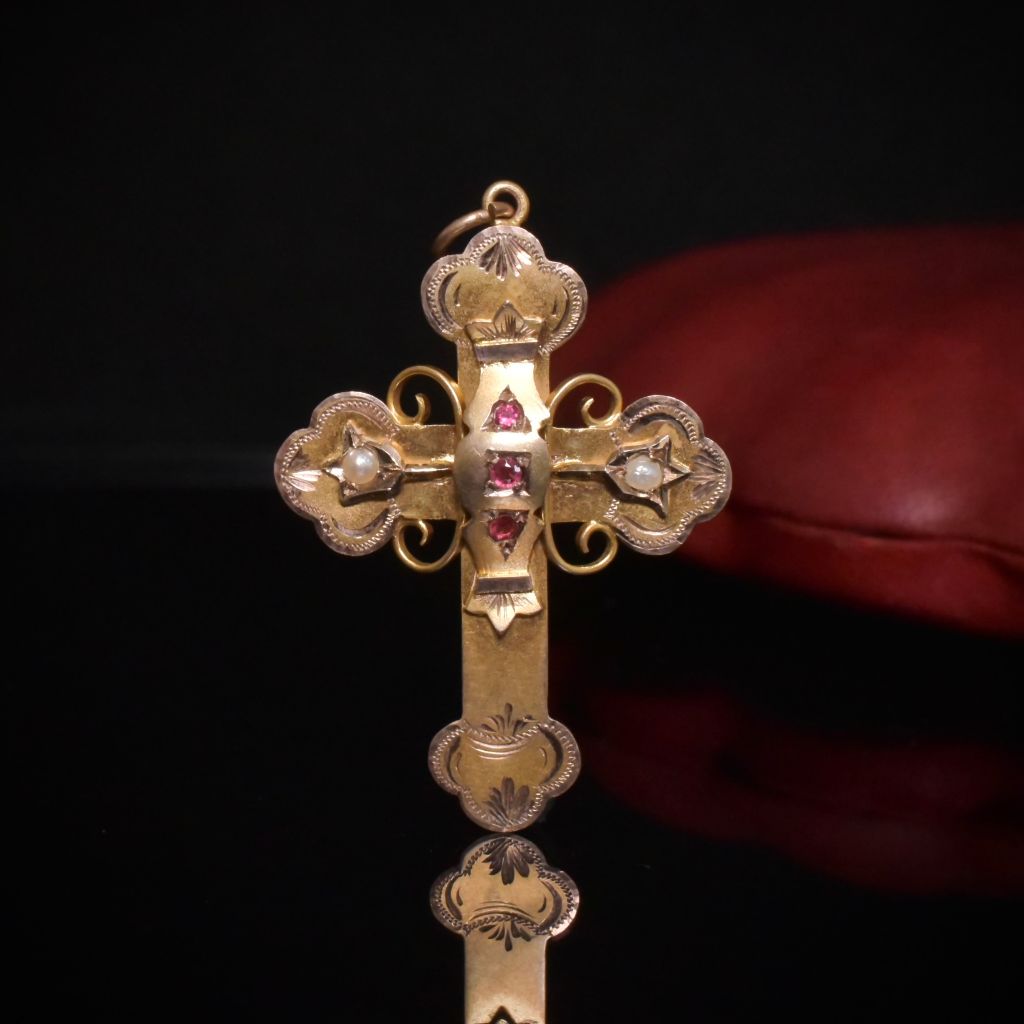 Antique Edwardian Australian 9ct Rose Gold Seed Pearl And Garnet Cross By A. Benjamin And Sons