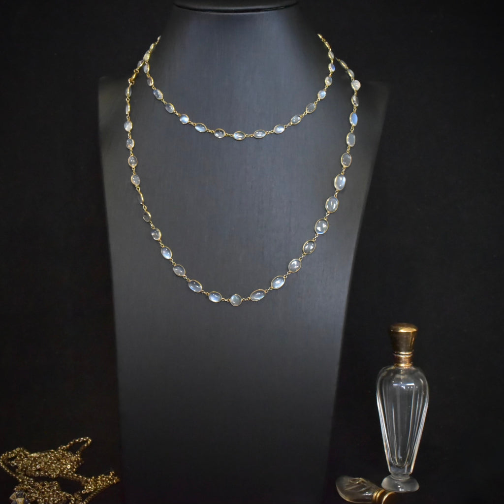 Antique Edwardian 9ct Yellow Gold And Moonstone Long Necklace 83cm Independent Valuation Included In Purchase For $4500 AUD