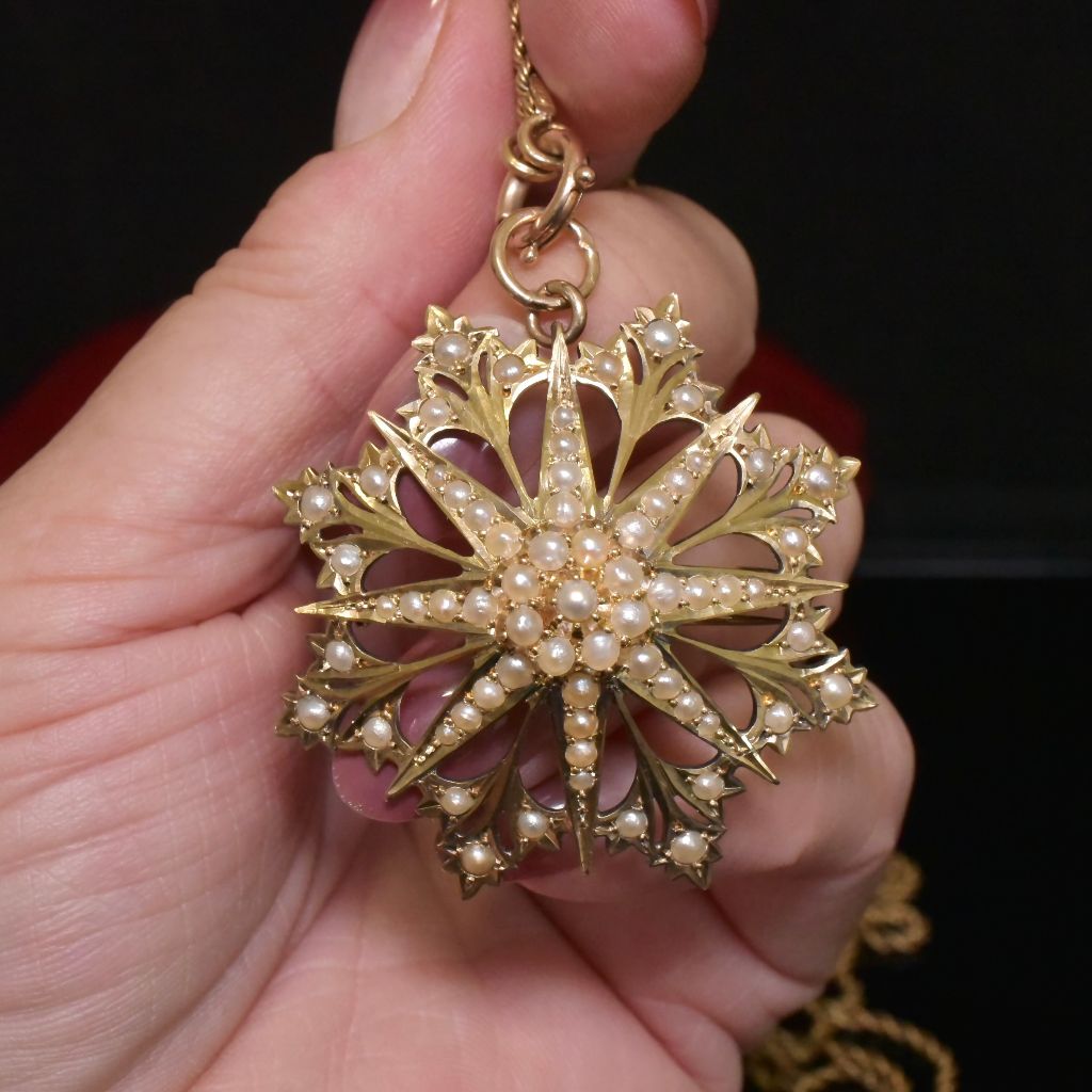 Antique Australian Edwardian Large 15ct Gold Seed Pearl ’Starburst’ Pendant/Brooch By Willis And Sons