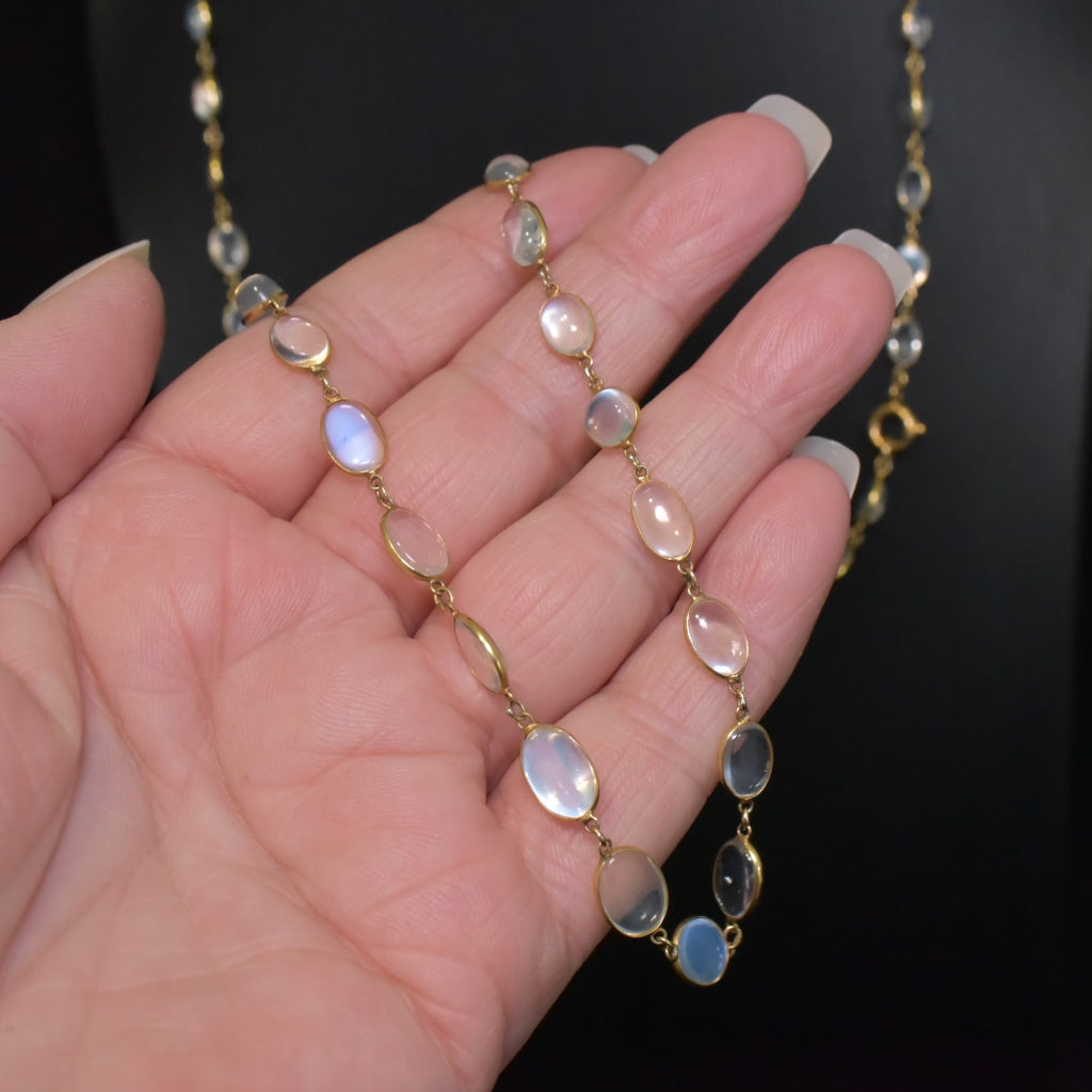 Antique Edwardian 9ct Yellow Gold And Moonstone Long Necklace 83cm Independent Valuation Included In Purchase For $4500 AUD