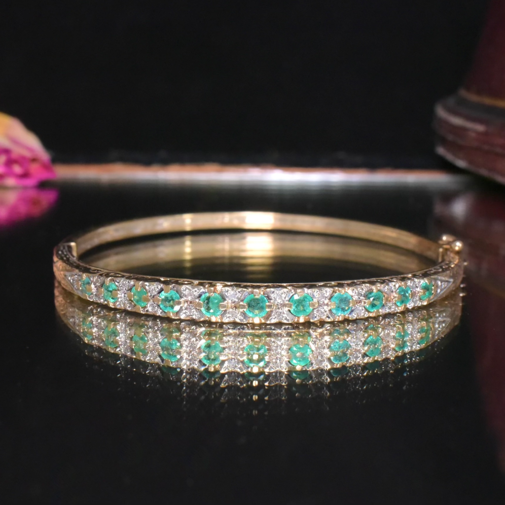 Vintage 9ct Yellow Gold Emerald And Diamond Bangle - Birmingham 1980