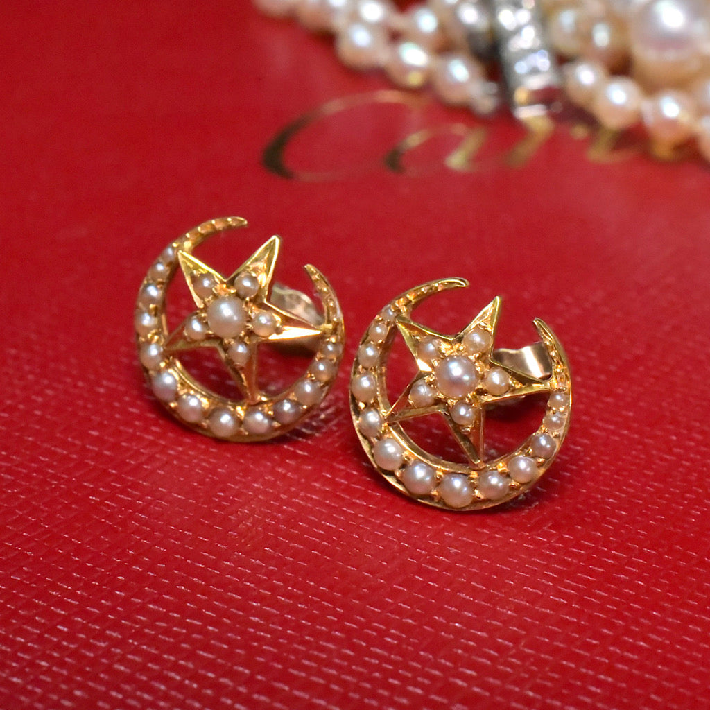 Antique 15ct Yellow Gold ‘Celestial’ Half Pearl Earrings Circa 1890-1900