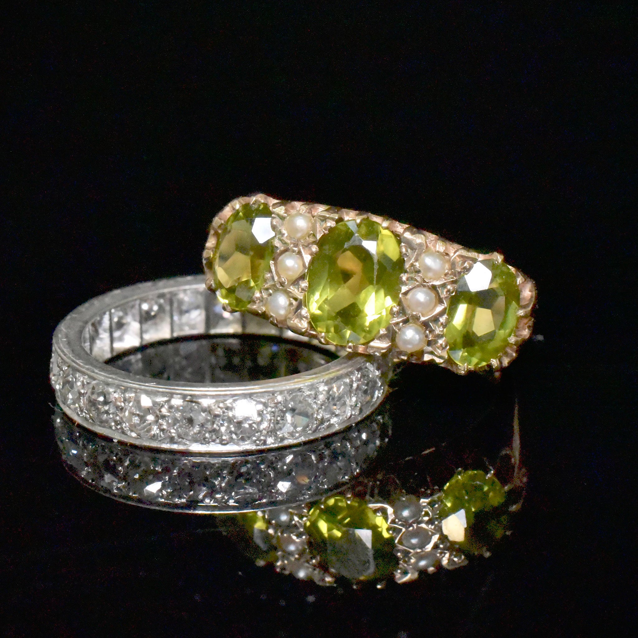 Superb Vintage 9ct Yellow Gold Peridot And Seed Pearl Bridge Ring - Birmingham 1971