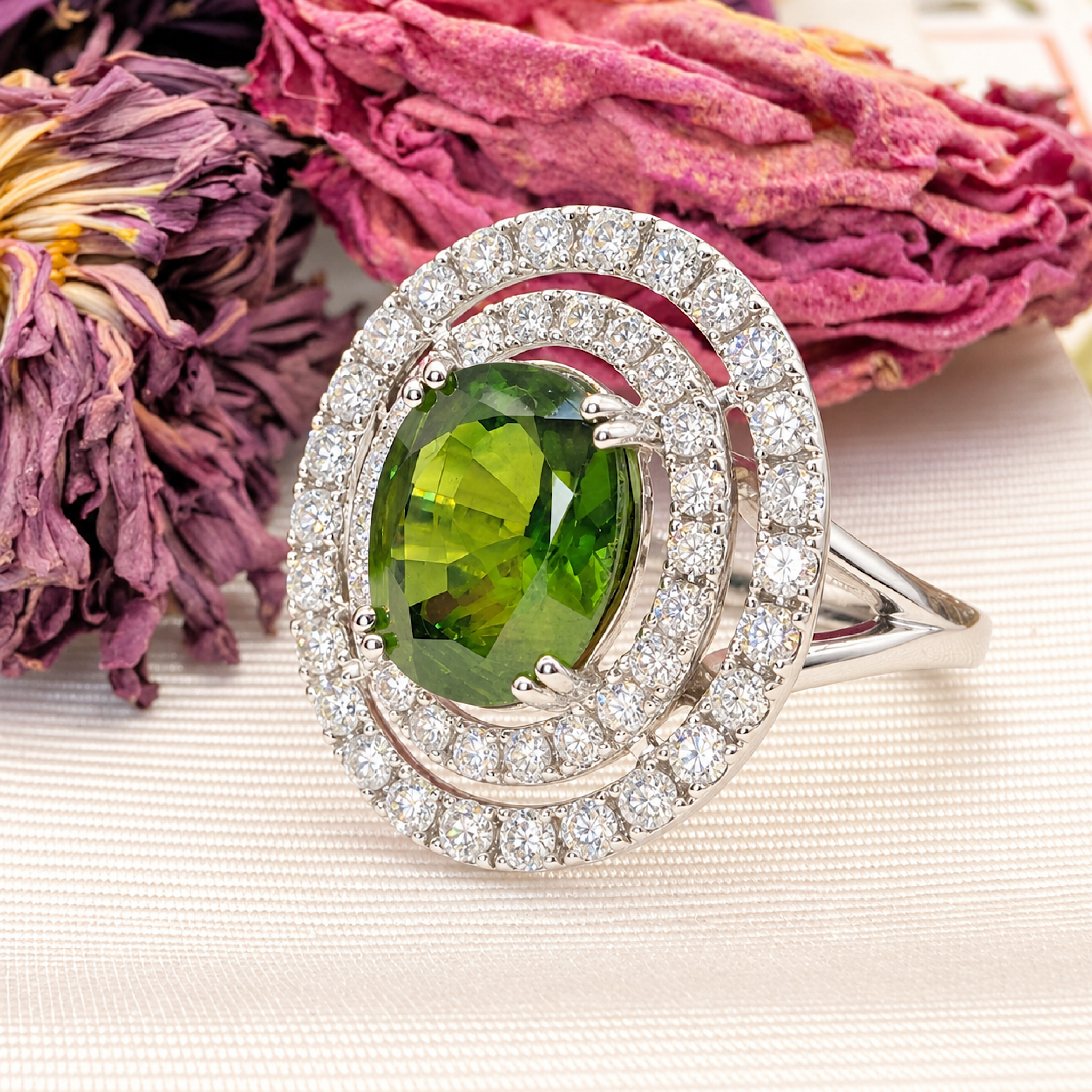 Stunning Contemporary 14ct White Gold Green Sapphire & Diamond Double Halo Ring. Independent Gemmological Valuation included $16,100 AUD