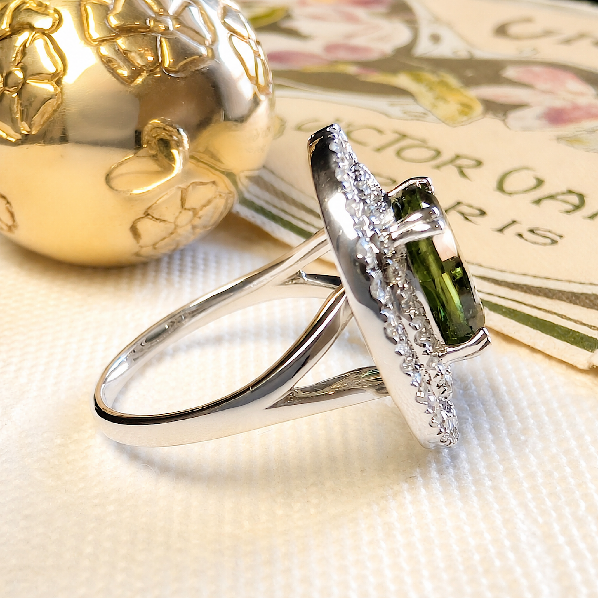 Stunning Contemporary 14ct White Gold Green Sapphire & Diamond Double Halo Ring. Independent Gemmological Valuation included $16,100 AUD