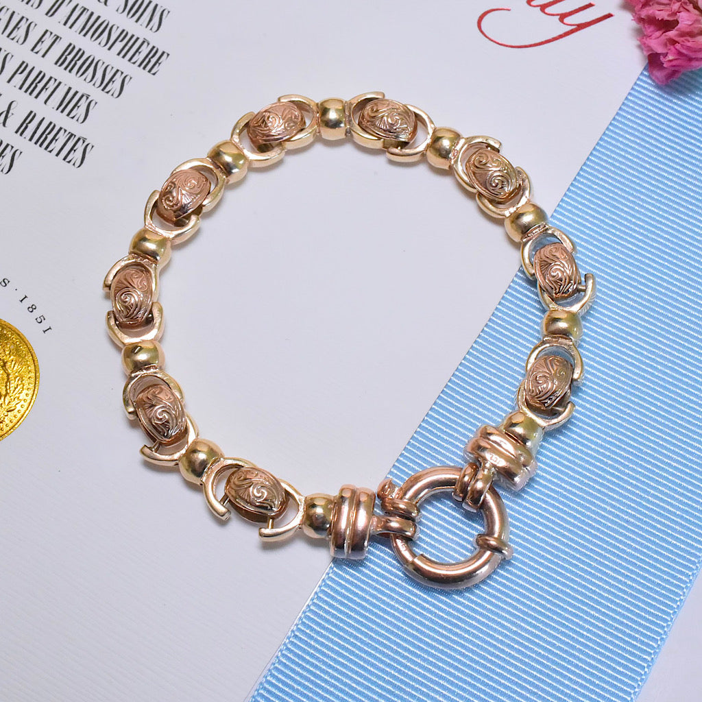 Modern 9ct Gold Two Tone Rose And Yellow Gold Floral Bracelet - 28 Grams