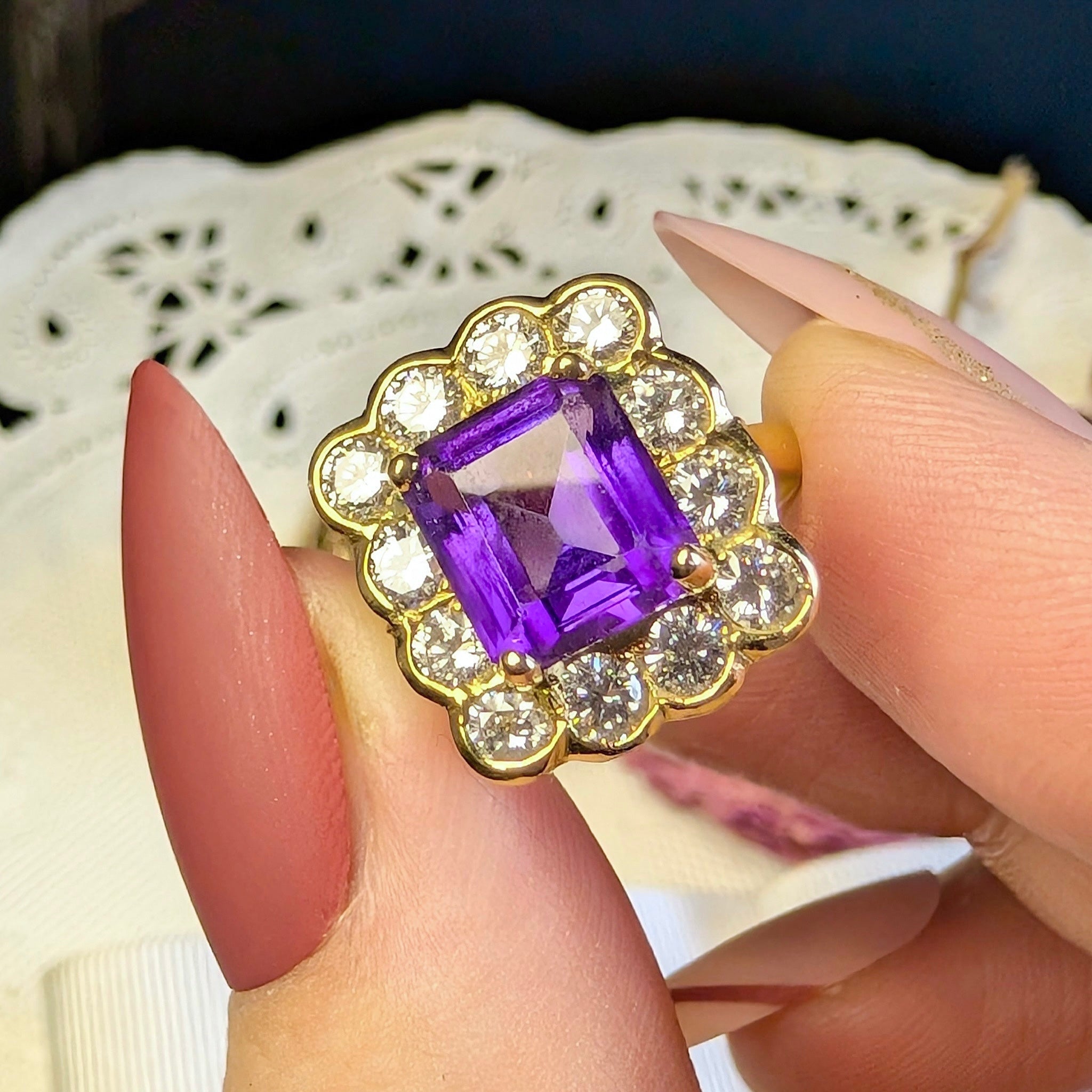 Superb Contemporary 18ct Yellow Gold Emerald-Cut Amethyst & Diamond Cluster Ring Complete with an Independent Valuation for $11,000 AUD