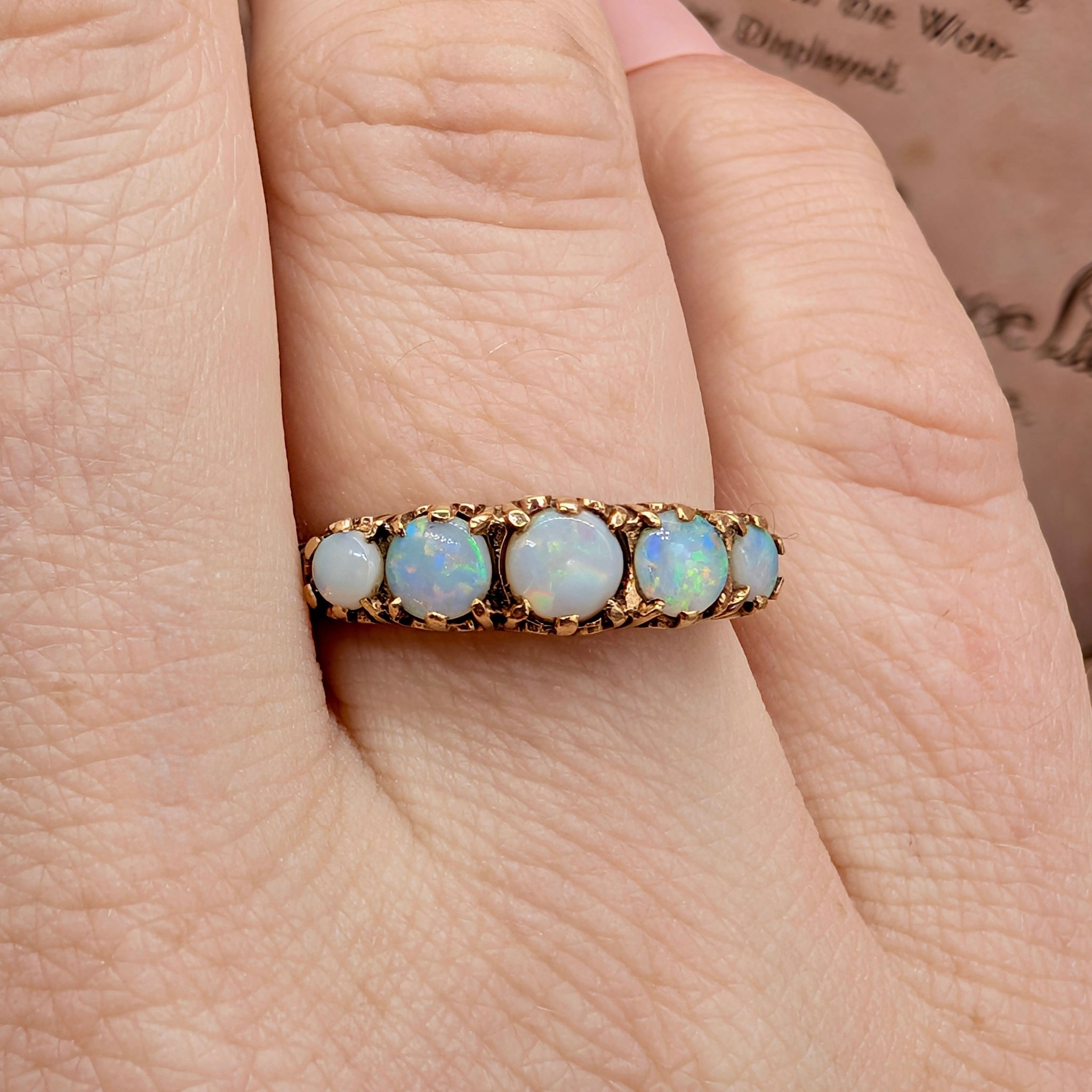 Antique Style 9ct Rose Gold Solid Opal Half Hoop Ring