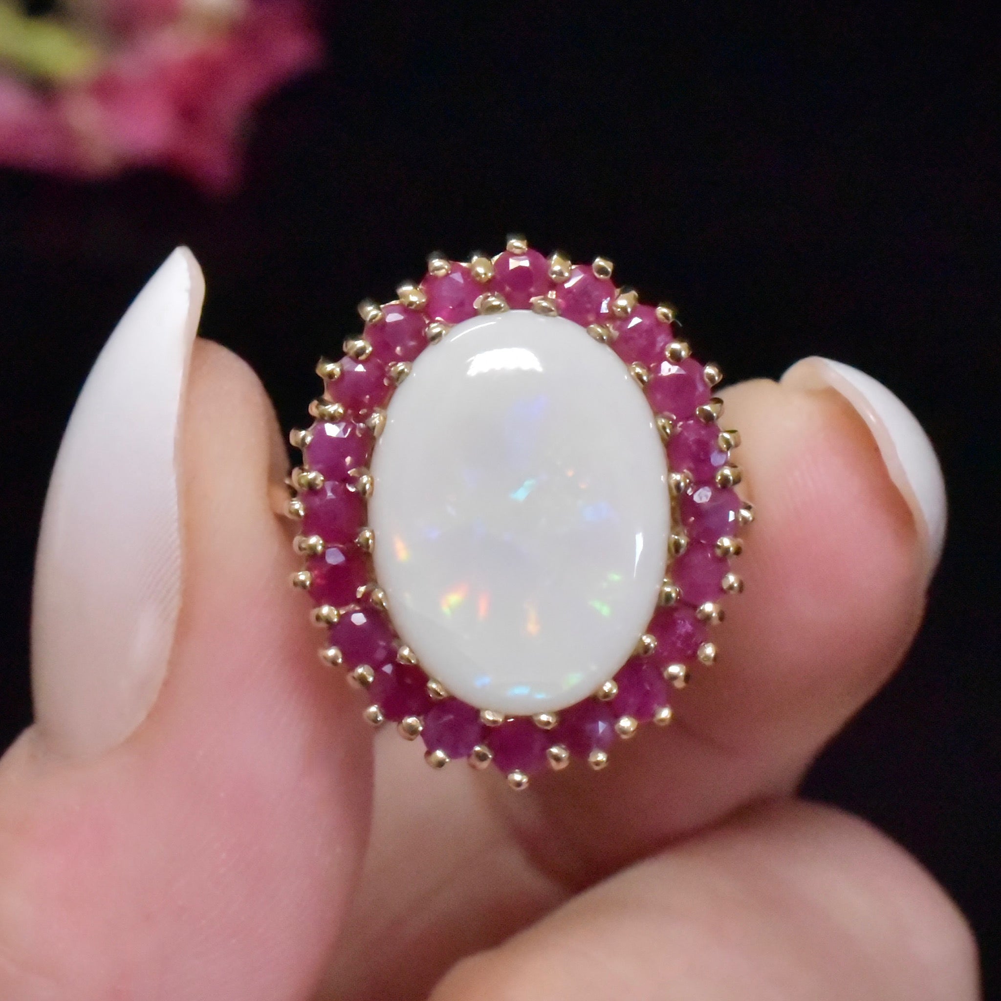 Modern 9ct Yellow Gold Solid White Opal And Ruby Halo Ring  