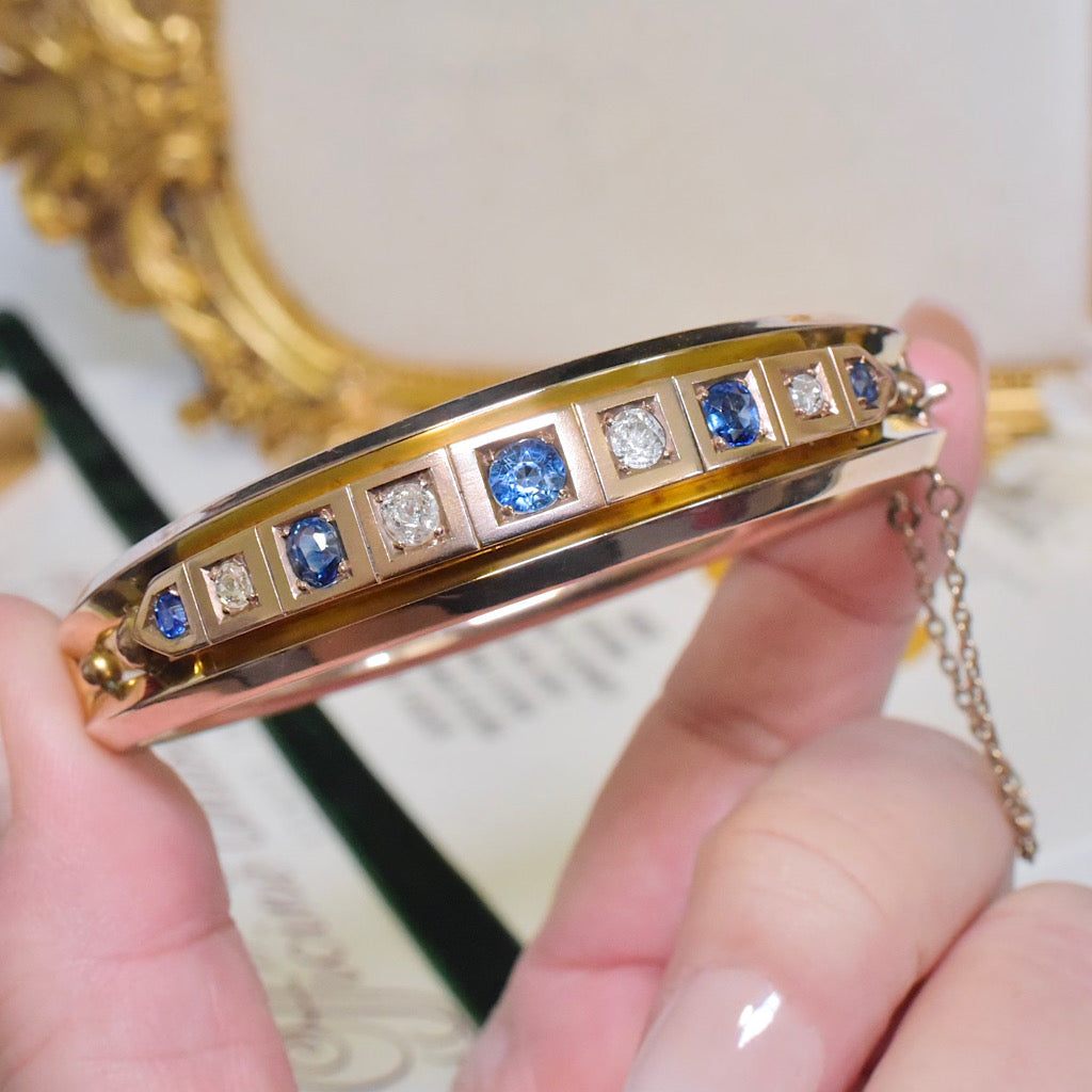 Antique Edwardian 9ct Yellow Gold Sapphire And Diamond Bangle Circa 1910 Independent Gemmological Valuation for $8000 AUD Included With Purchase