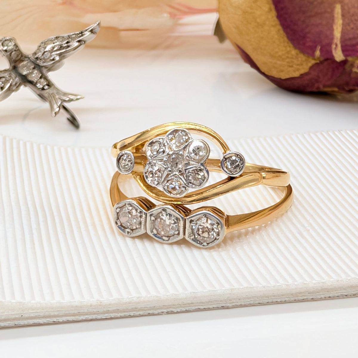 Antique 18ct Yellow Gold Diamond Trilogy Ring — TDW 0.15ct