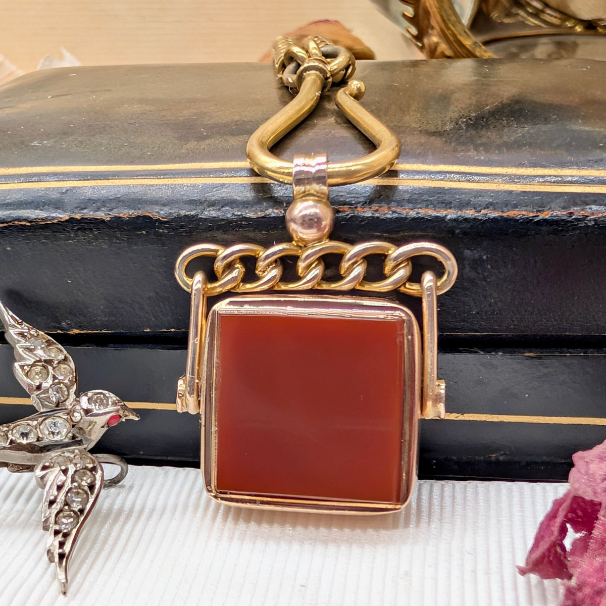 Antique Edwardian 9ct Rose Gold Bloodstone & Carnelian Spinner Fob - Edward Durban & Co., Chester 1901